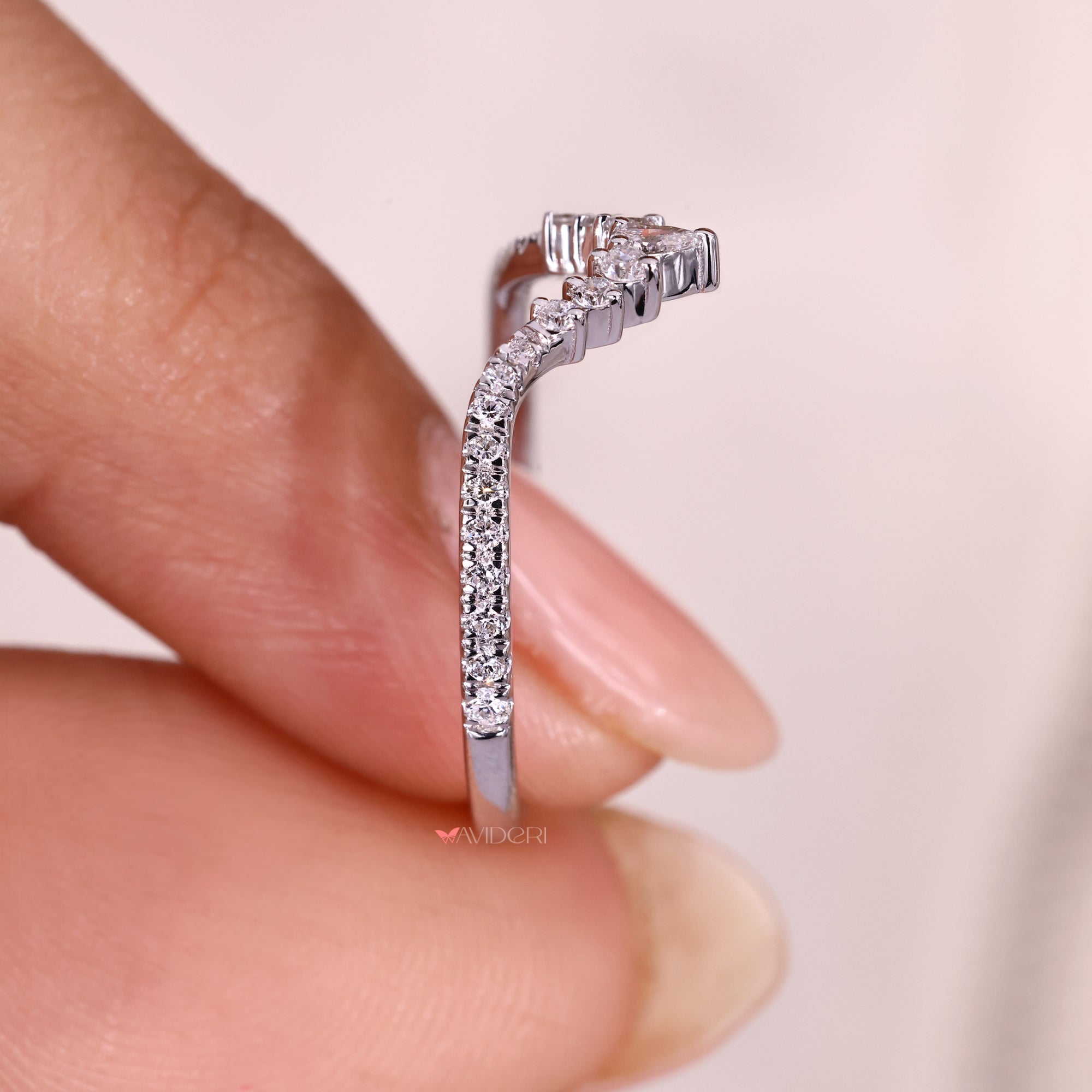 Lab grown diamond chevron wedding band.
