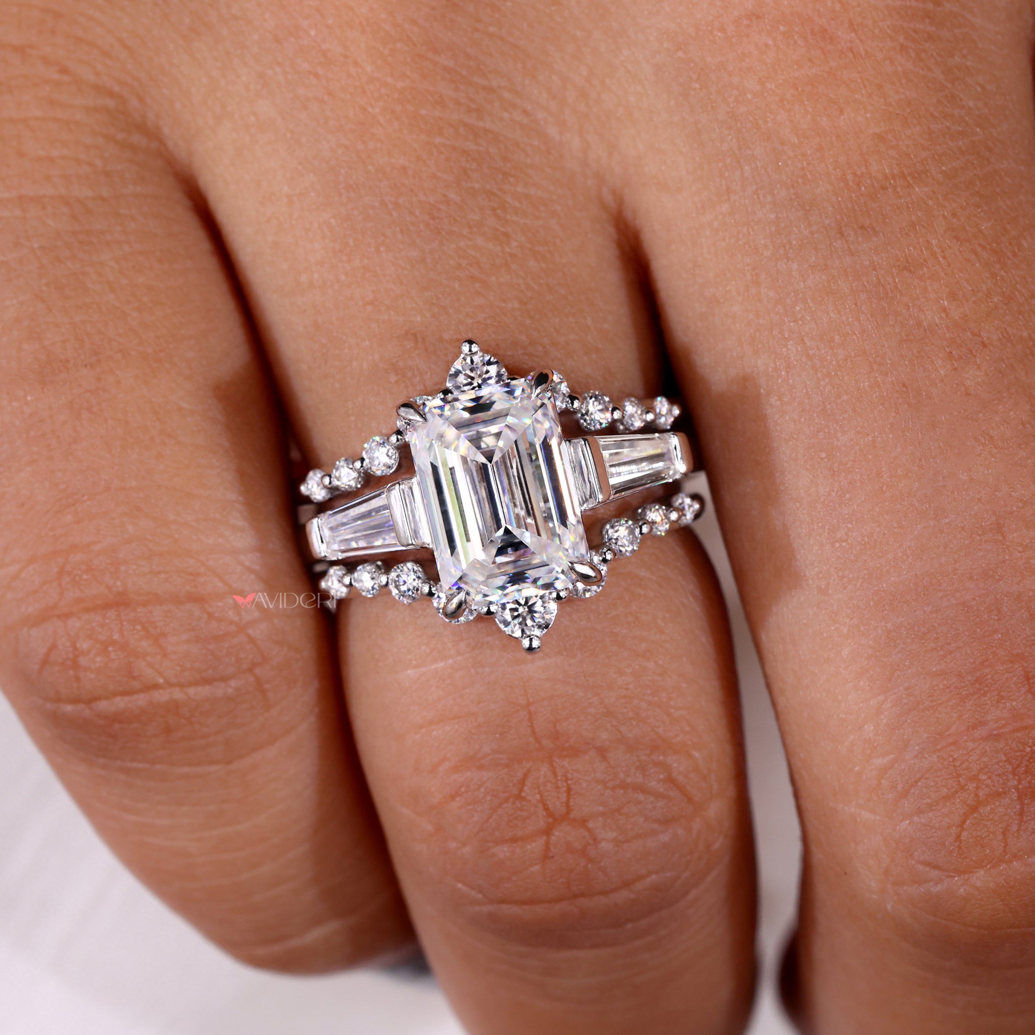 Double row pave moissanite wedding band.
