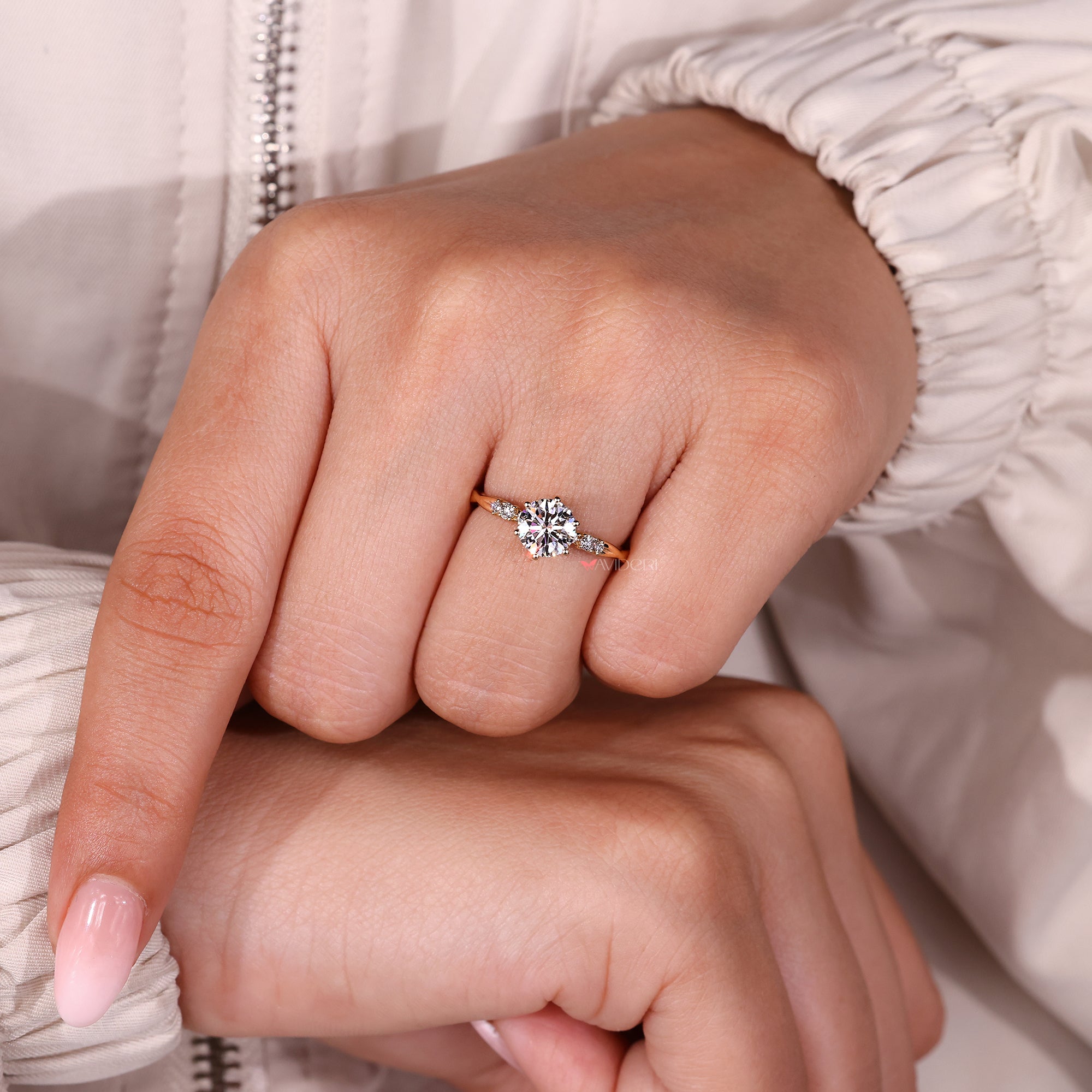 Six prong diamond ring featuring a Muse Setting and twisted shank engagement ring design for an exquisite touch of style.