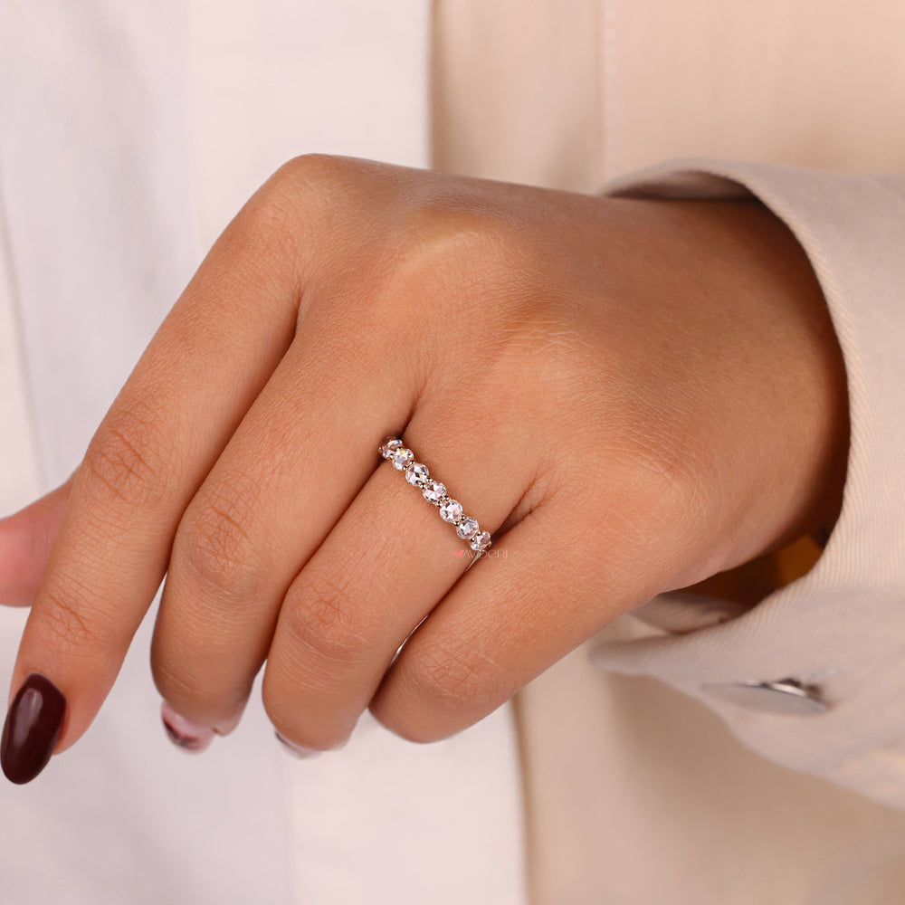 Round half eternity band for timeless beauty.
