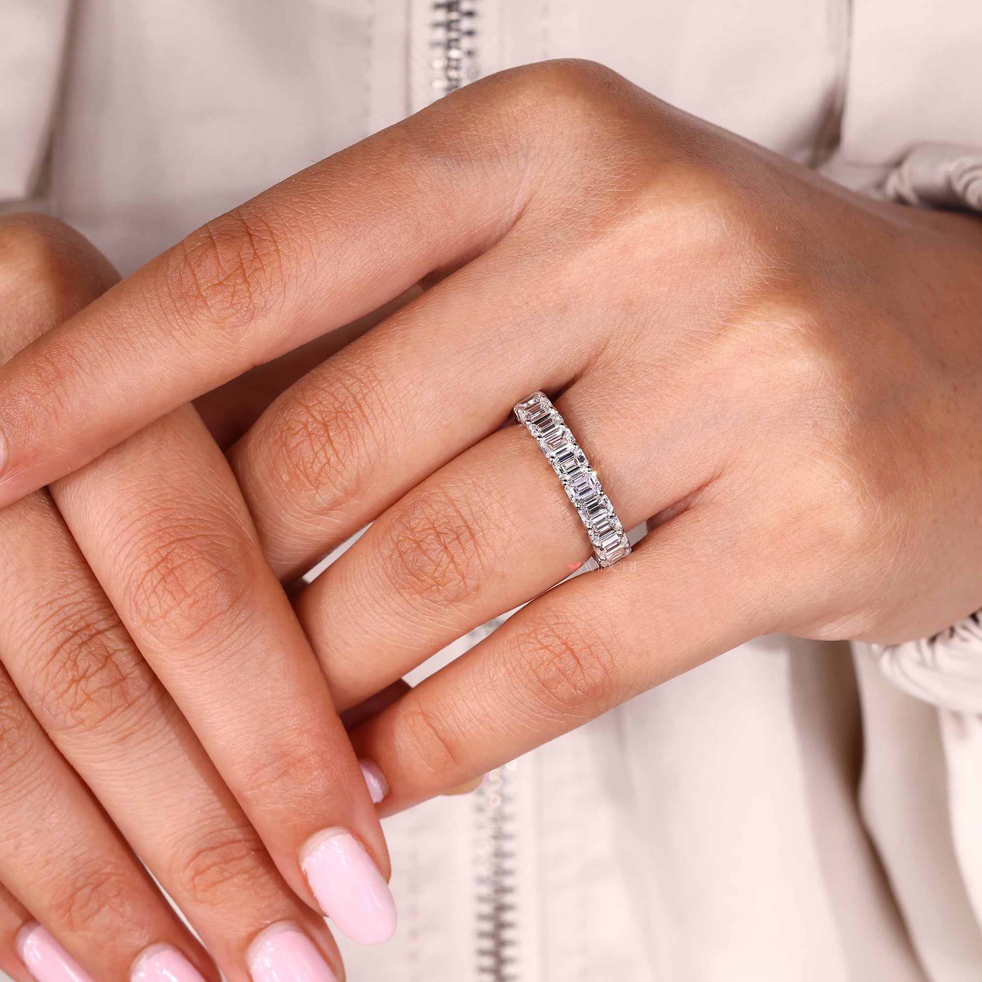 Handmade full eternity emerald cut diamond band.
