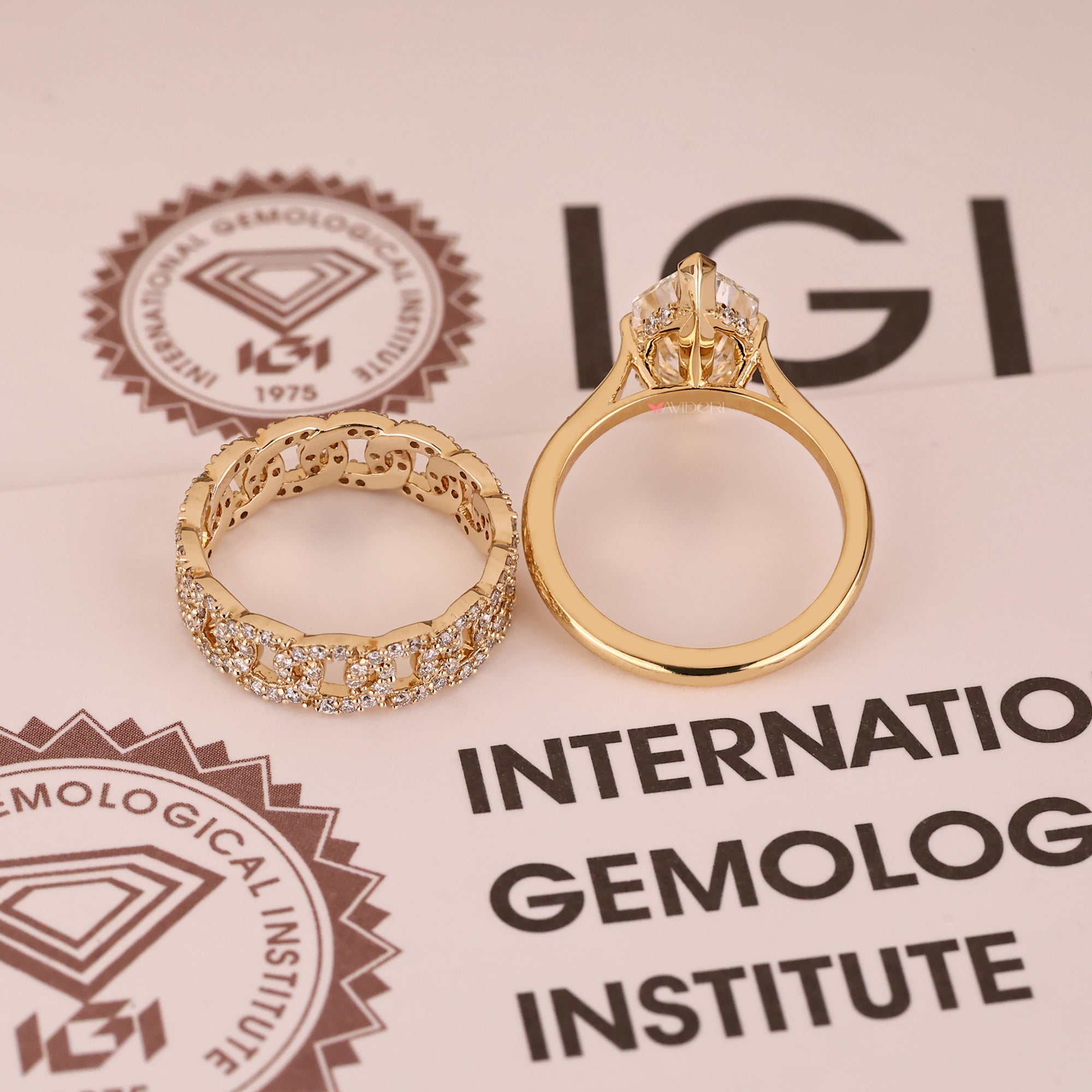 Yellow gold bridal set with lab grown diamond and eternity band.