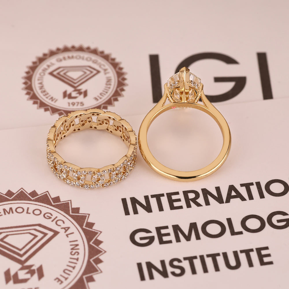 Yellow gold bridal set with lab grown diamond and eternity band.
