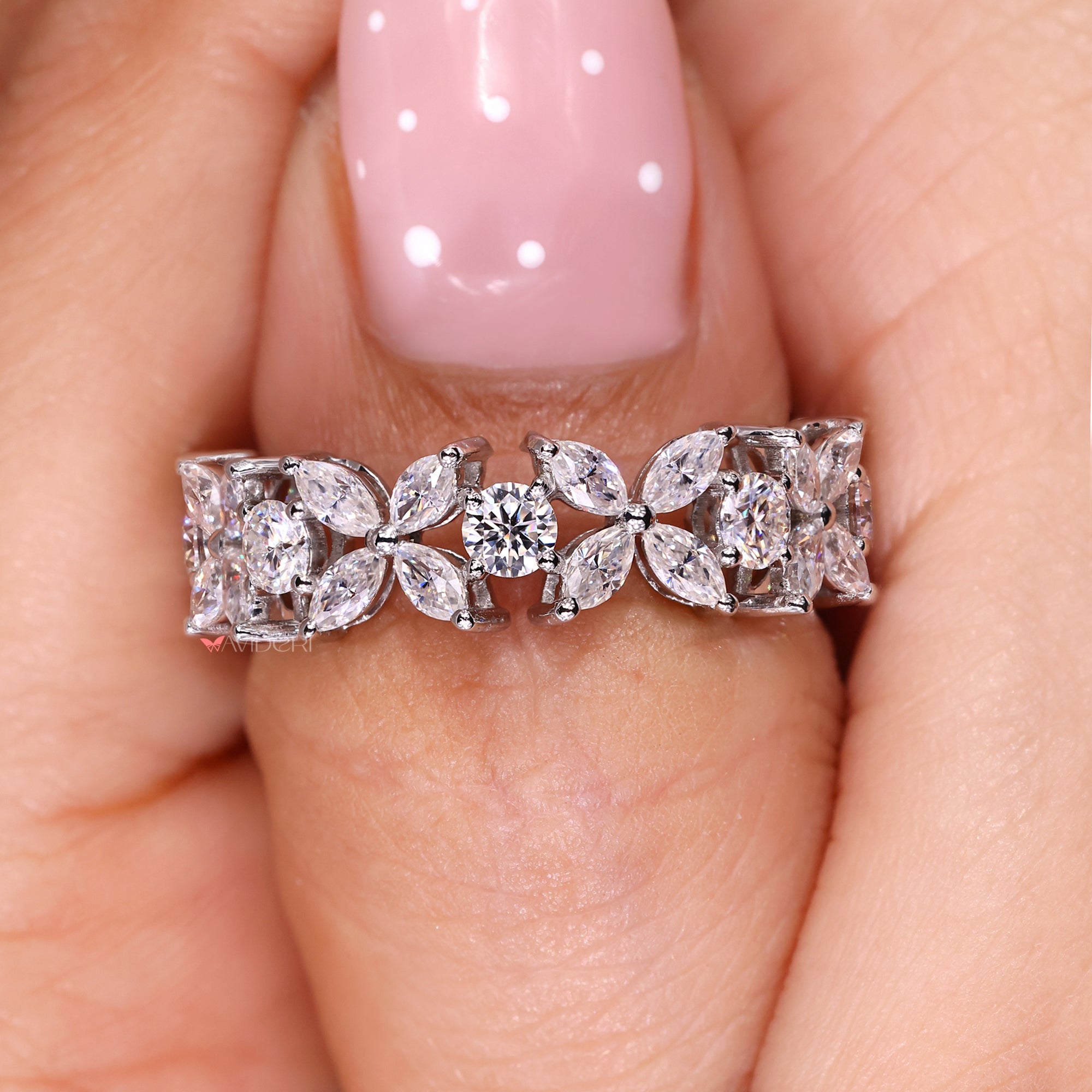A moissanite wedding band offers bright sparkle and beauty.