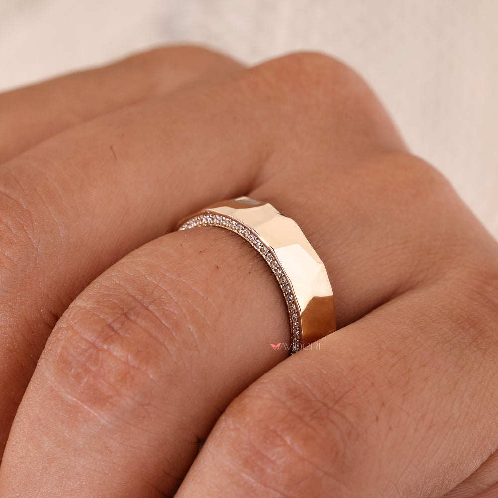 Handmade wedding band with hammered texture and diamond rows.
