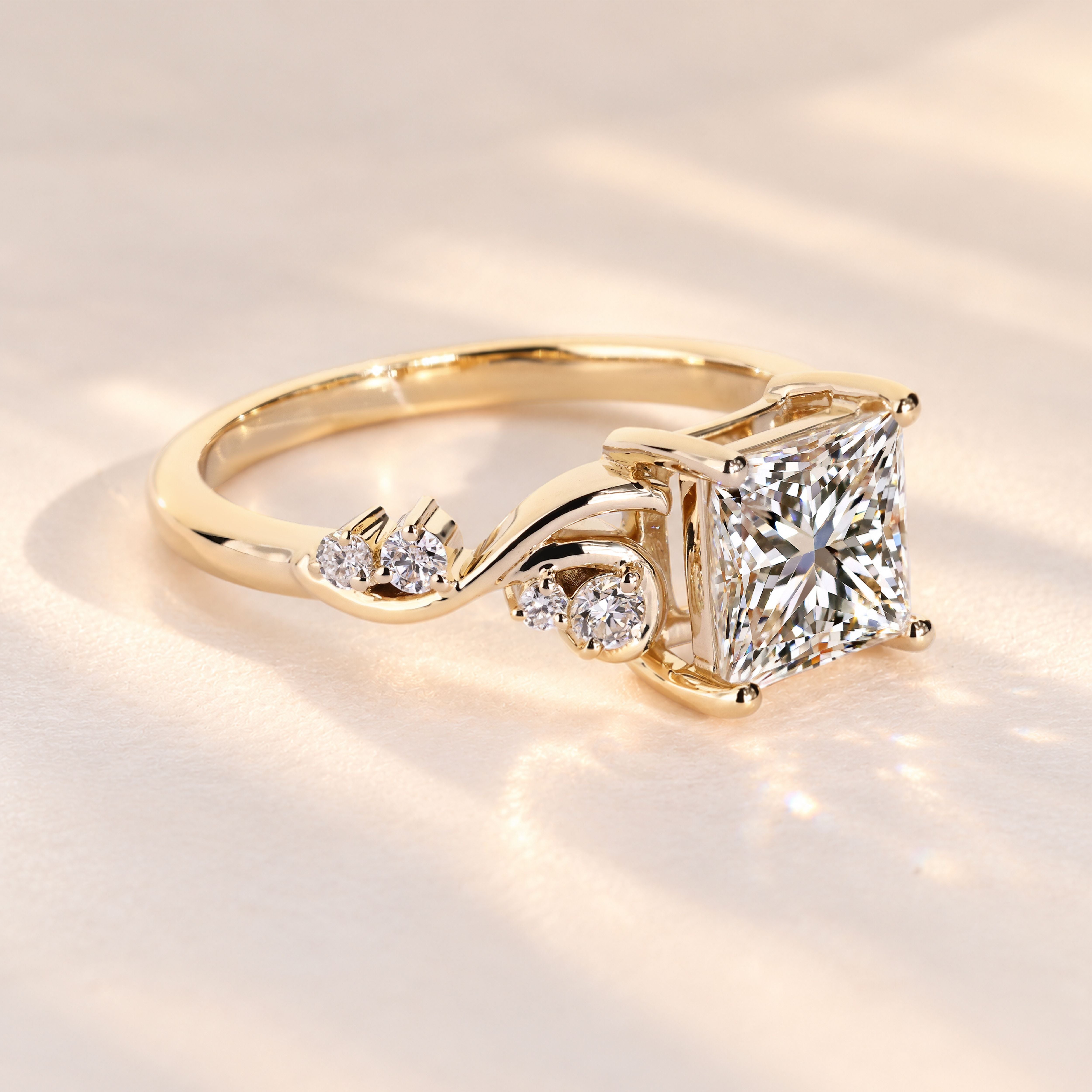 Handmade princess diamond ring with twisted vine shank.
