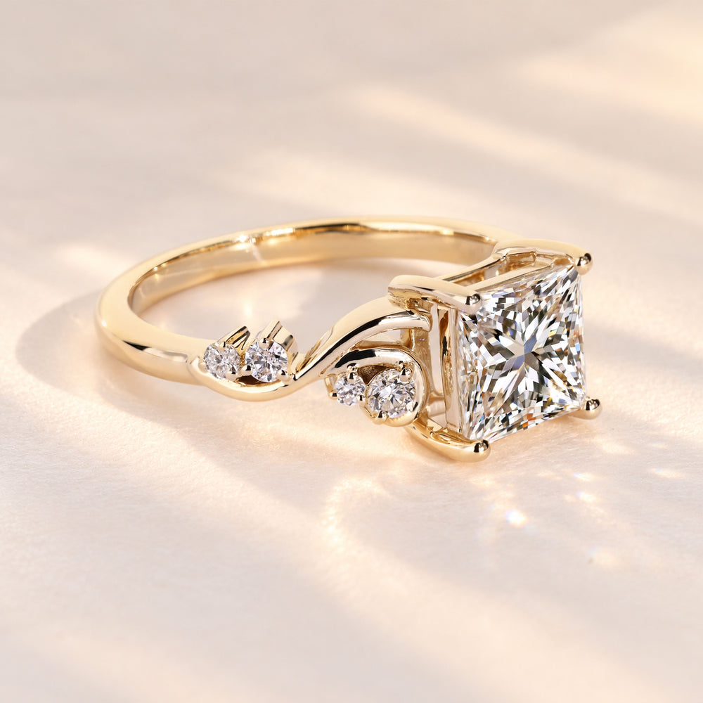 Handmade princess diamond ring with twisted vine shank.
