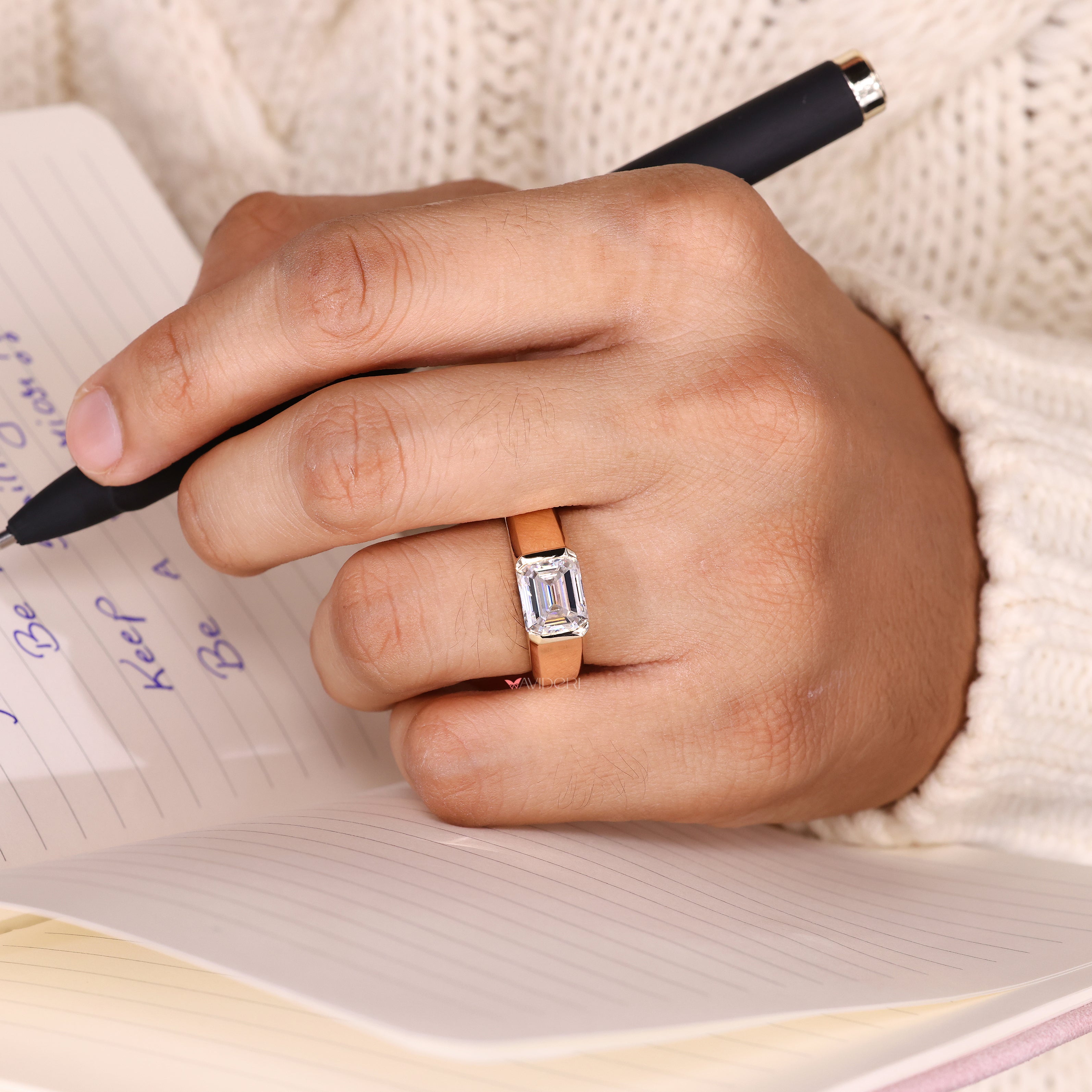 Tapered shank solitaire emerald ring design.
