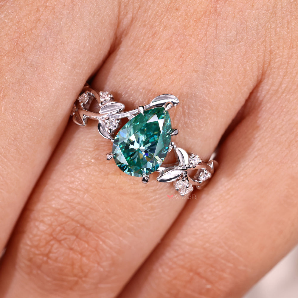 Pear Cut Cyan Blue Moissanite Ring