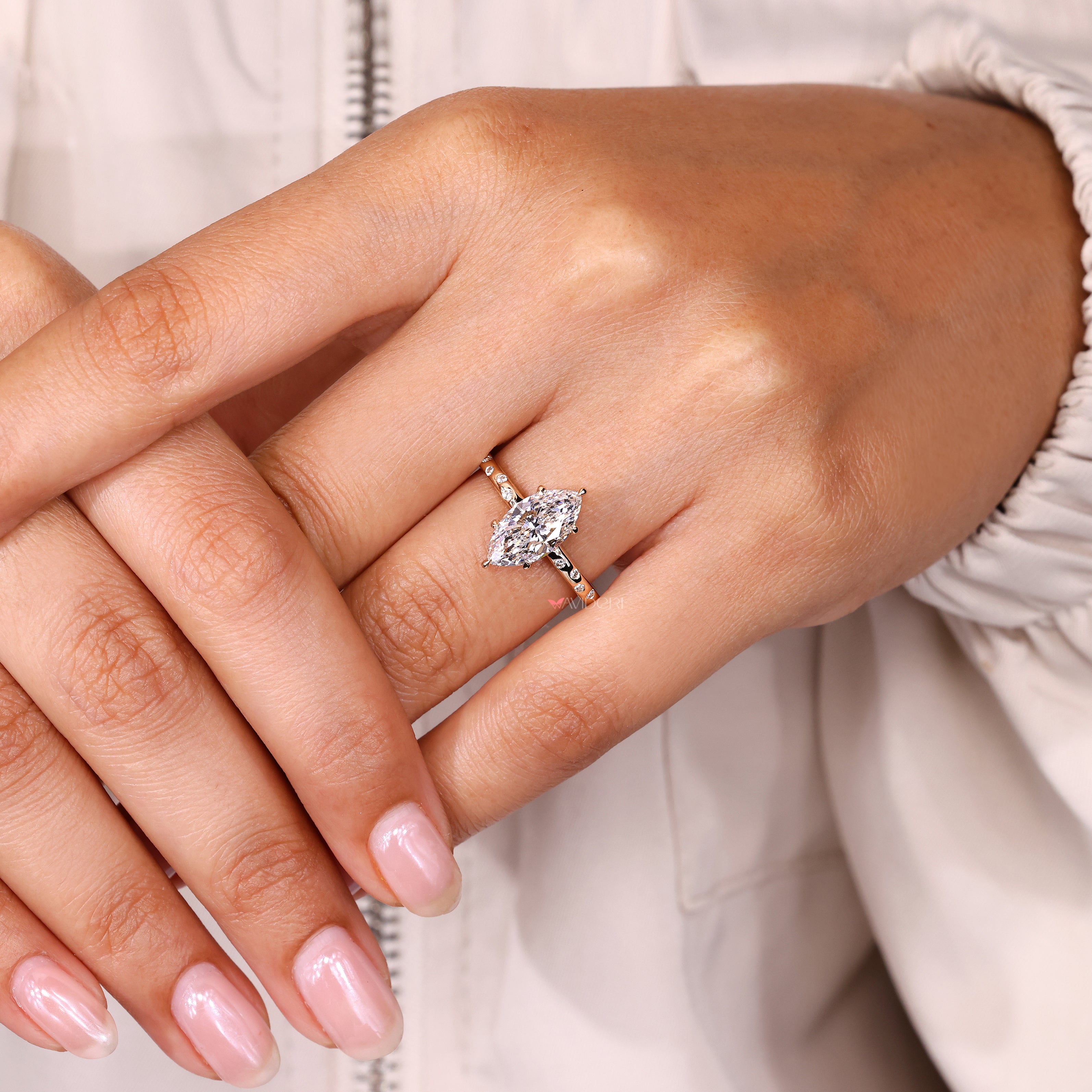 Handmade marquise ring with claw prong setting.
