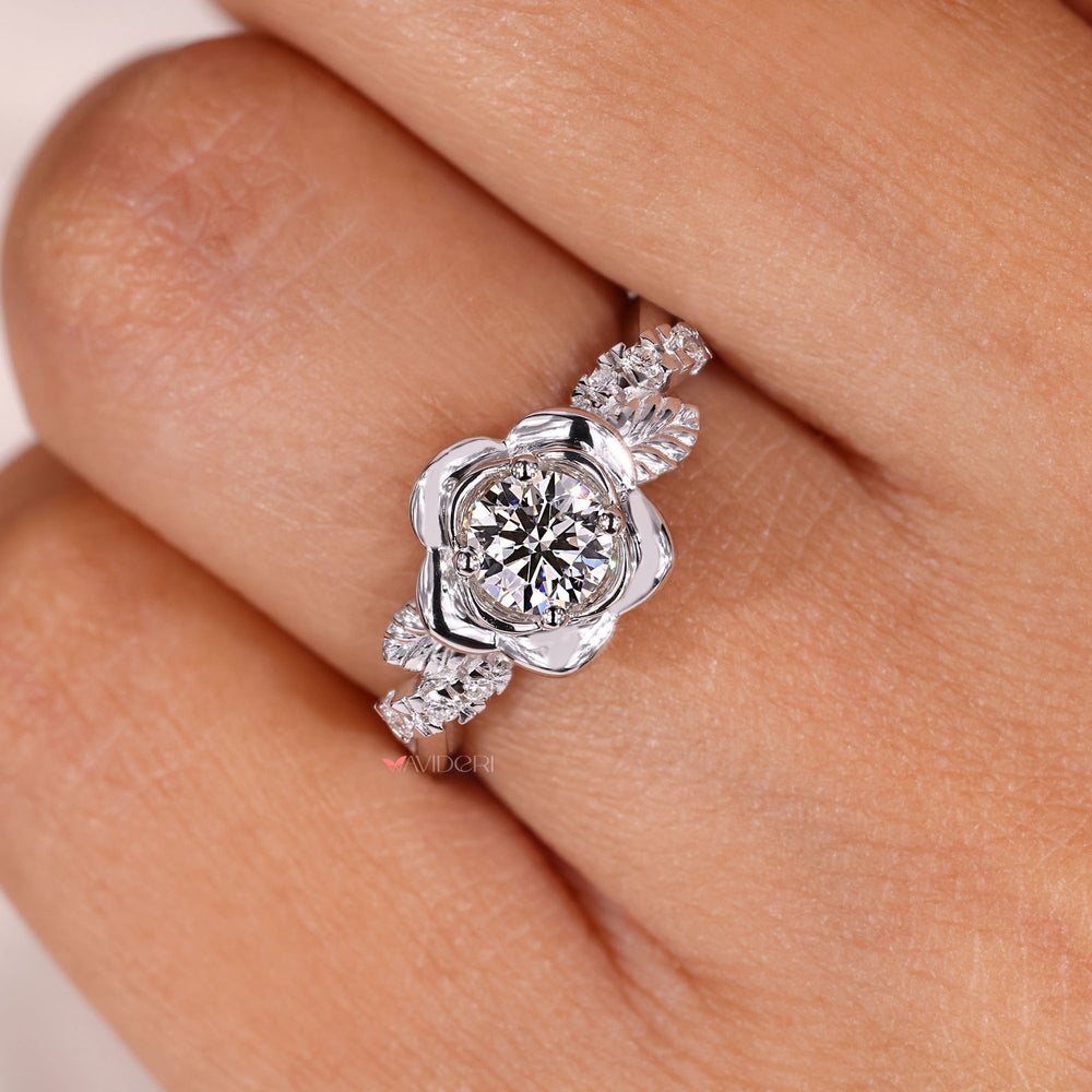 Anniversary gift round diamond engagement ring with nature-inspired design.