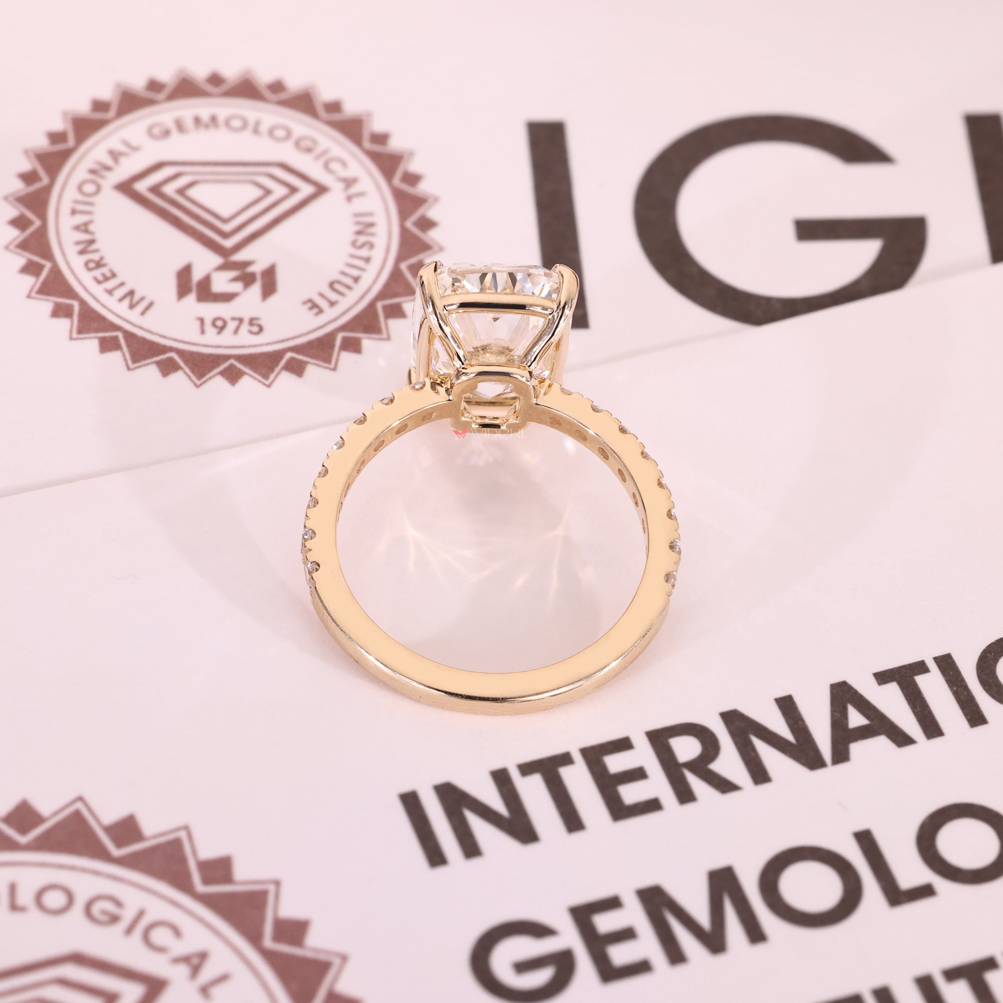 IGI certified cushion cut diamond ring with pave diamonds.
