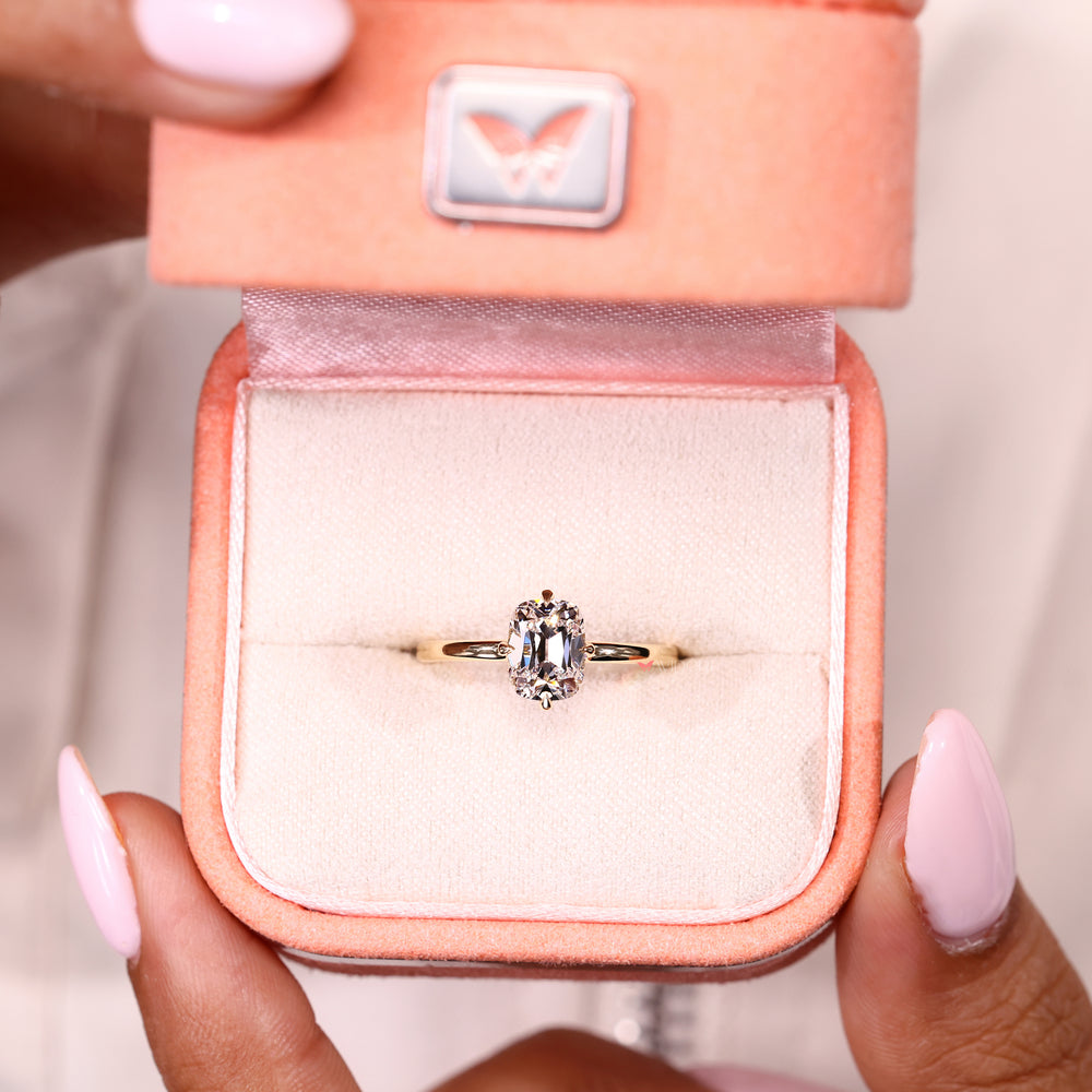 Avideri cushion OEC ring with hidden halo setting details
