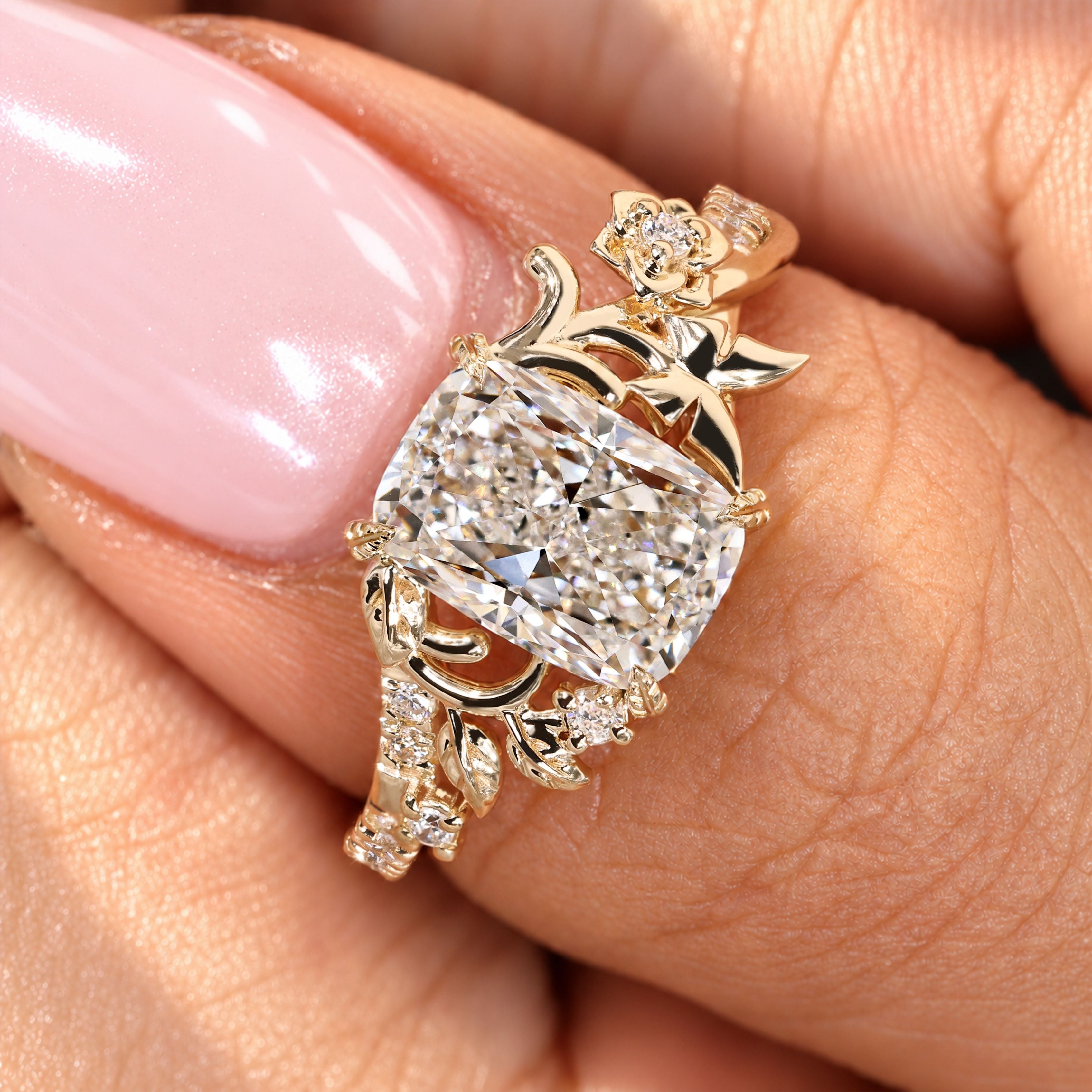 Lab grown Cushion diamond ring with round pave.
