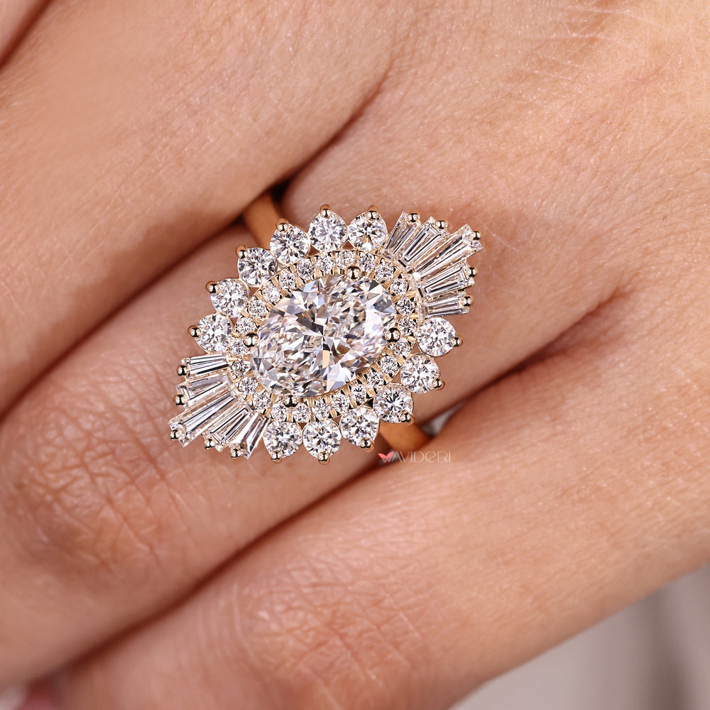 Oval diamond ring with snowflake inspired halo.