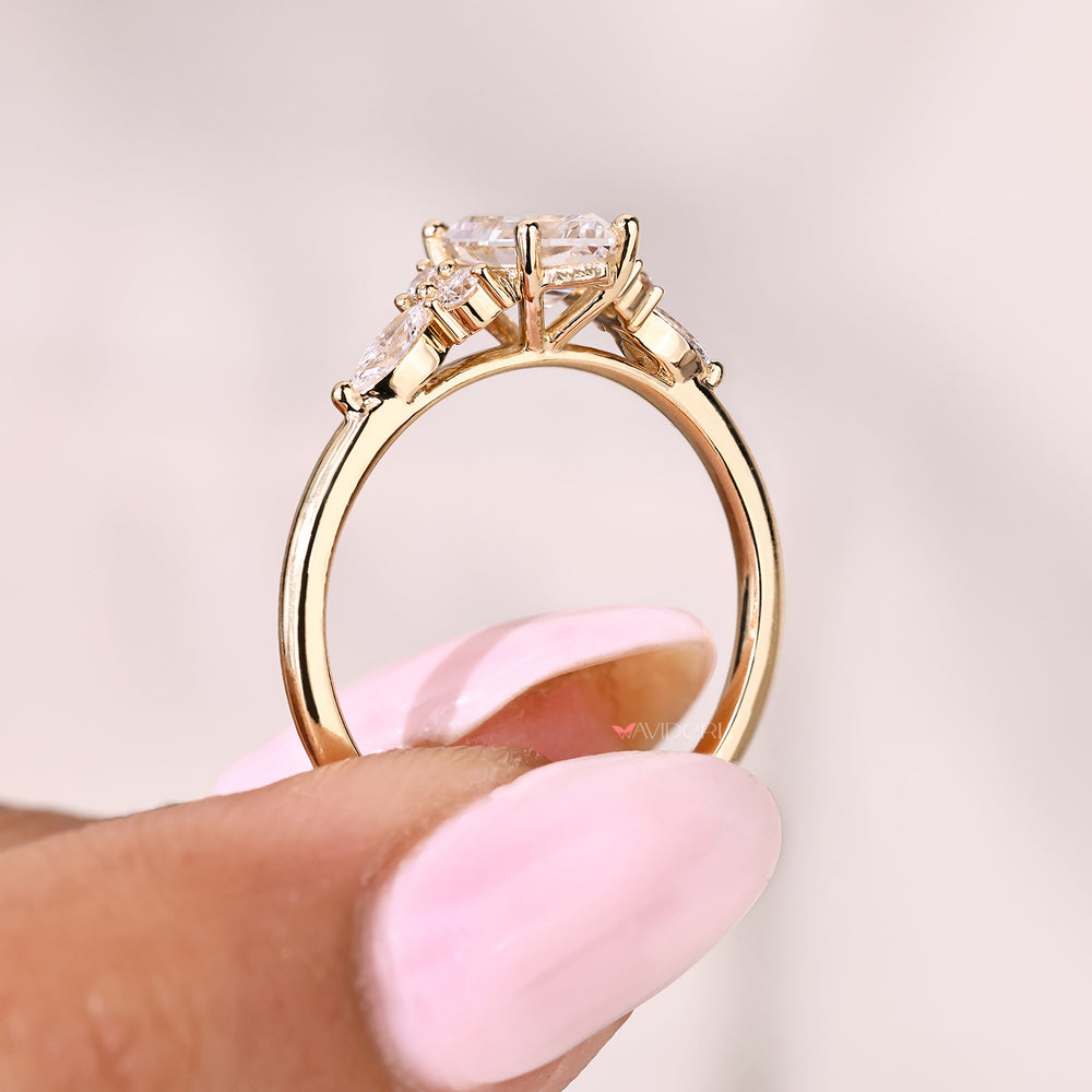 Hexagon diamond engagement ring with cathedral and muse setting
