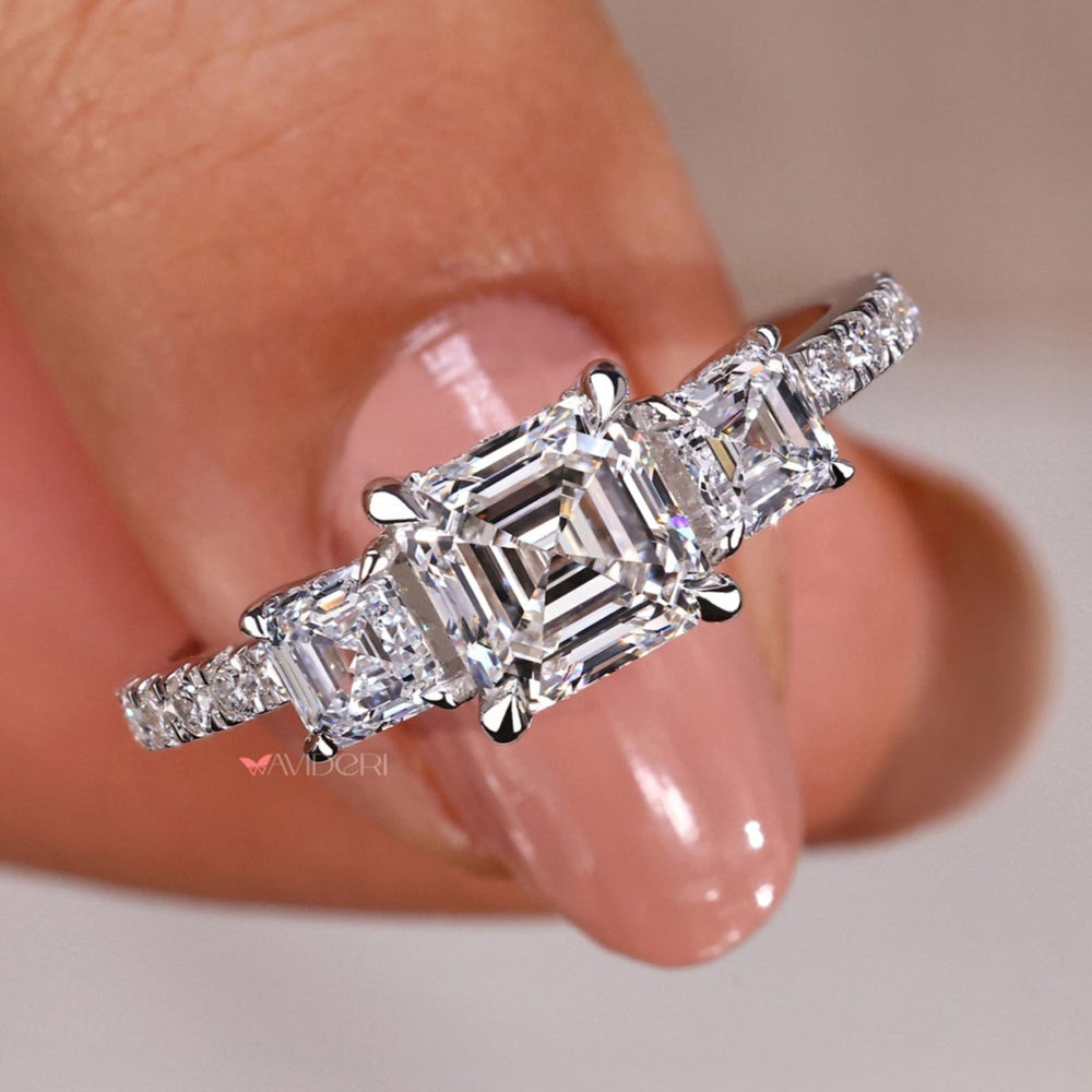 Asscher cut diamond ring with a lab-grown diamond.
