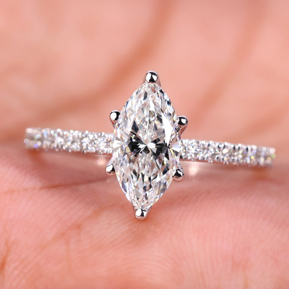 Marquise cut diamond ring with a timeless design.
