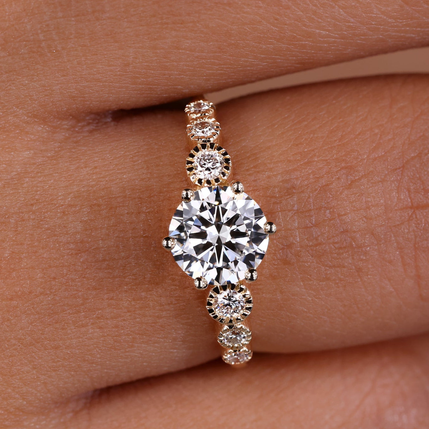 Stunning Round Cut Diamond Ring with Lab Grown Diamond in a classic six-prong setting for timeless elegance.
