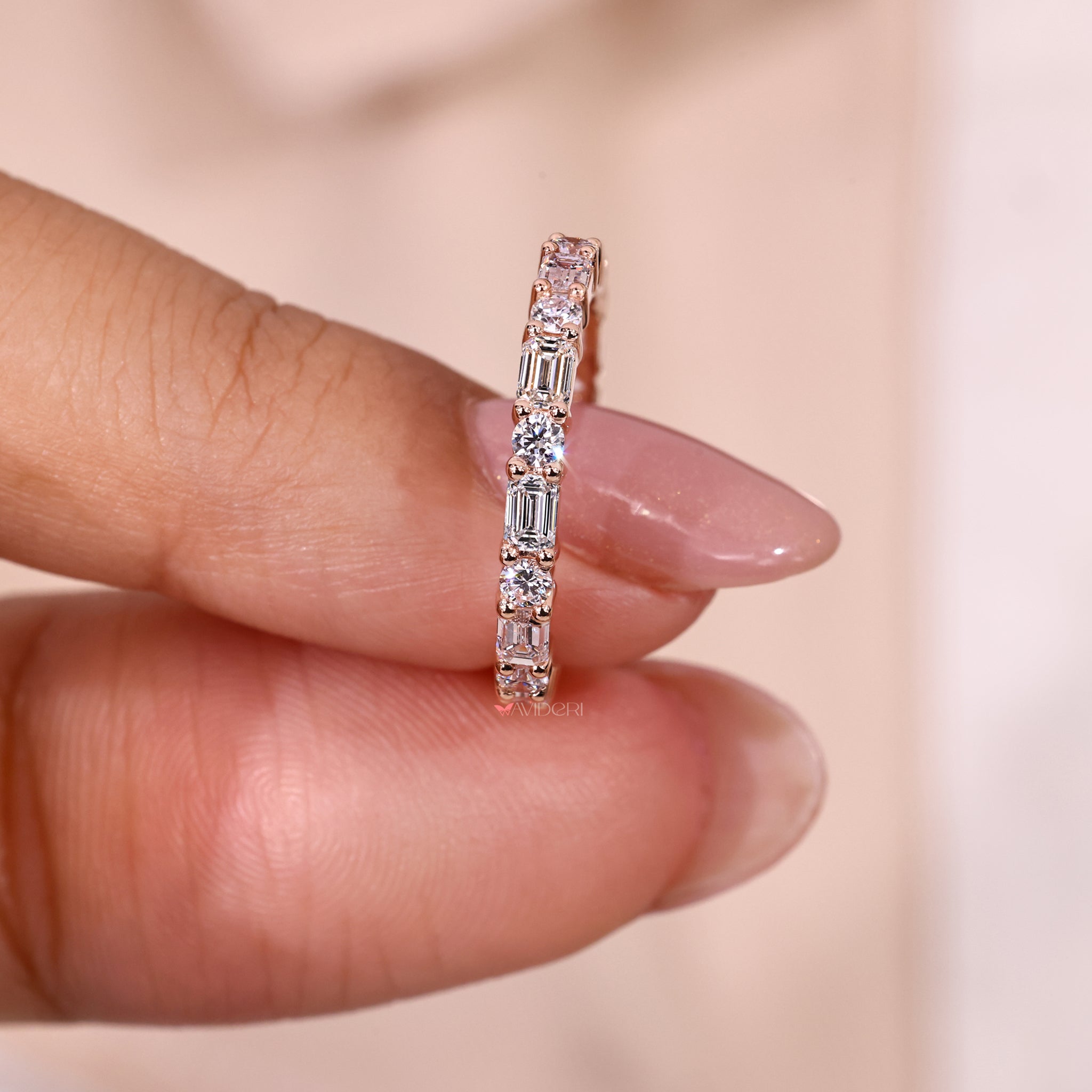 Emerald And Round Wedding Band Rose Gold Tone