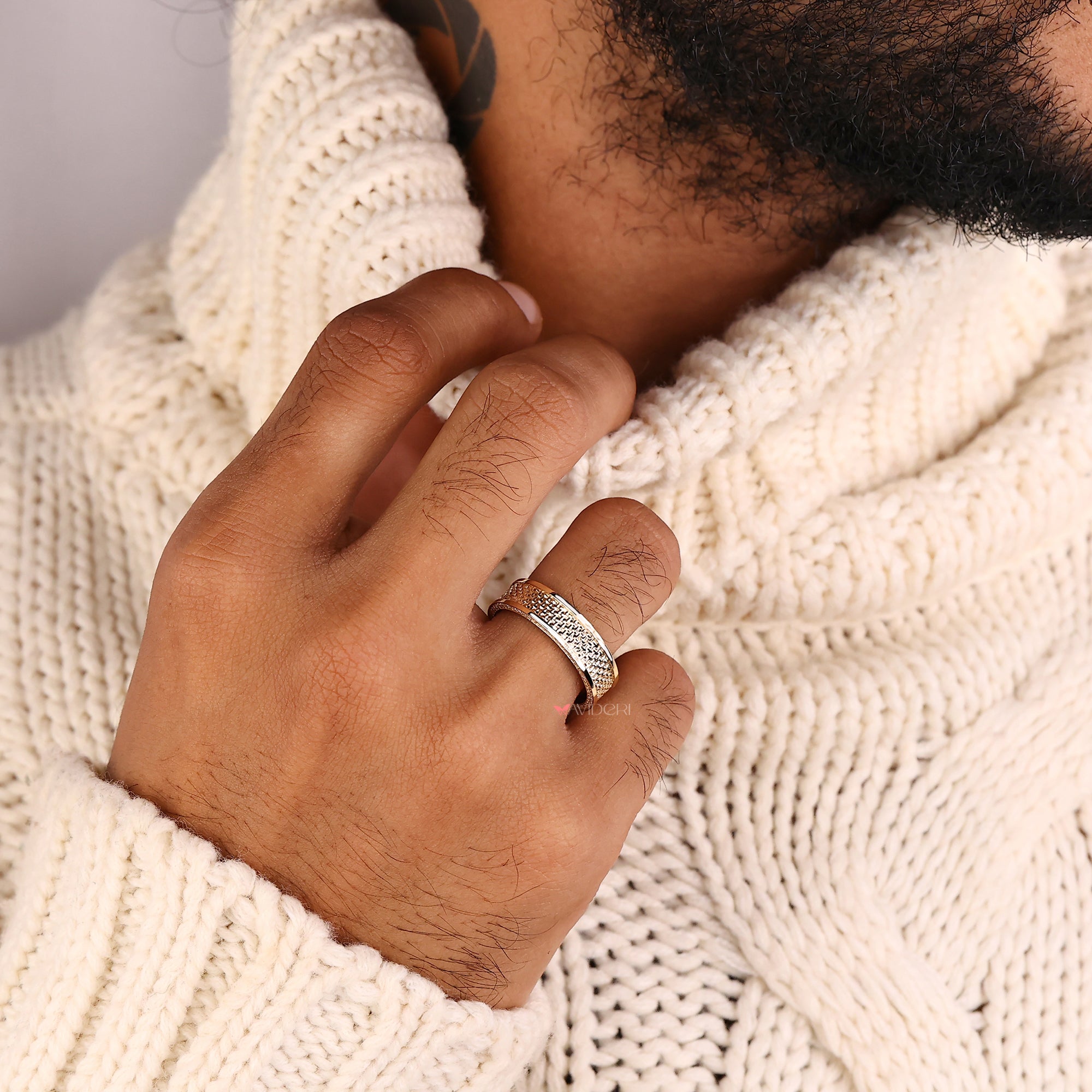 Mens round diamond ring features lab grown diamond and handmade design.