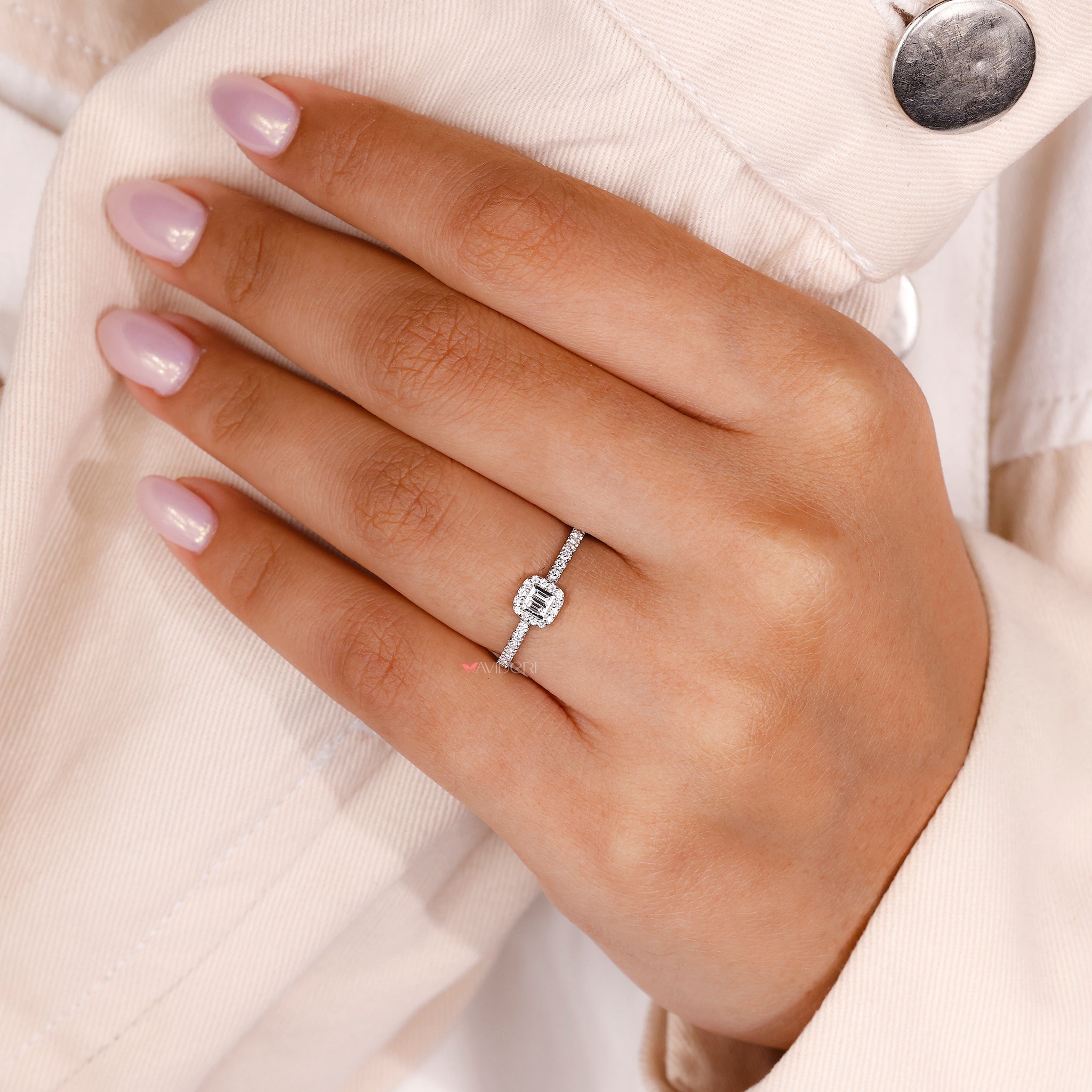 unique lab grown diamond ring with baguette accents and pave band.