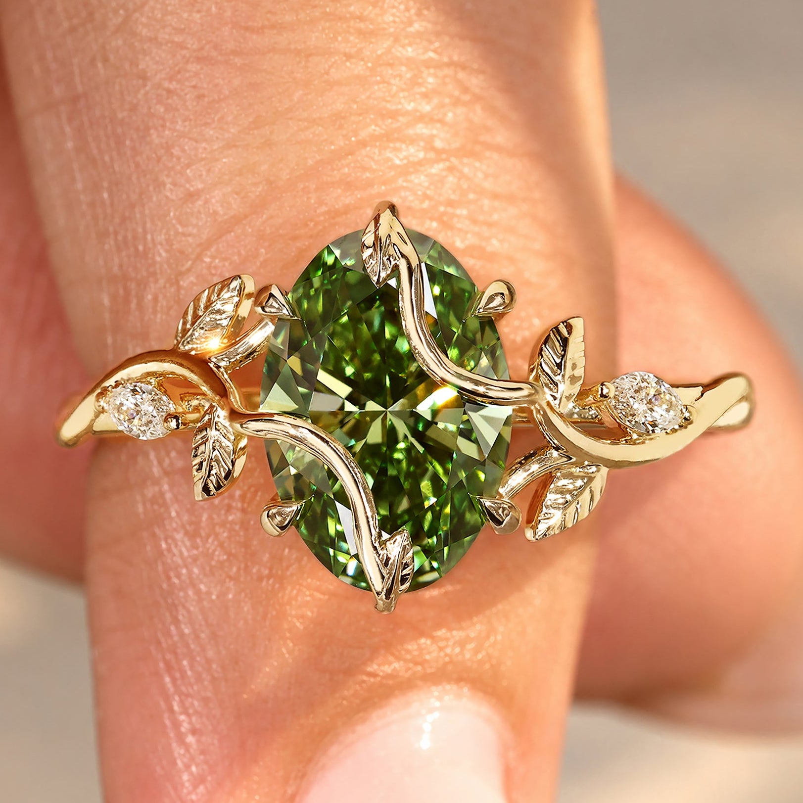 Oval green diamond engagement ring with twisted shank.