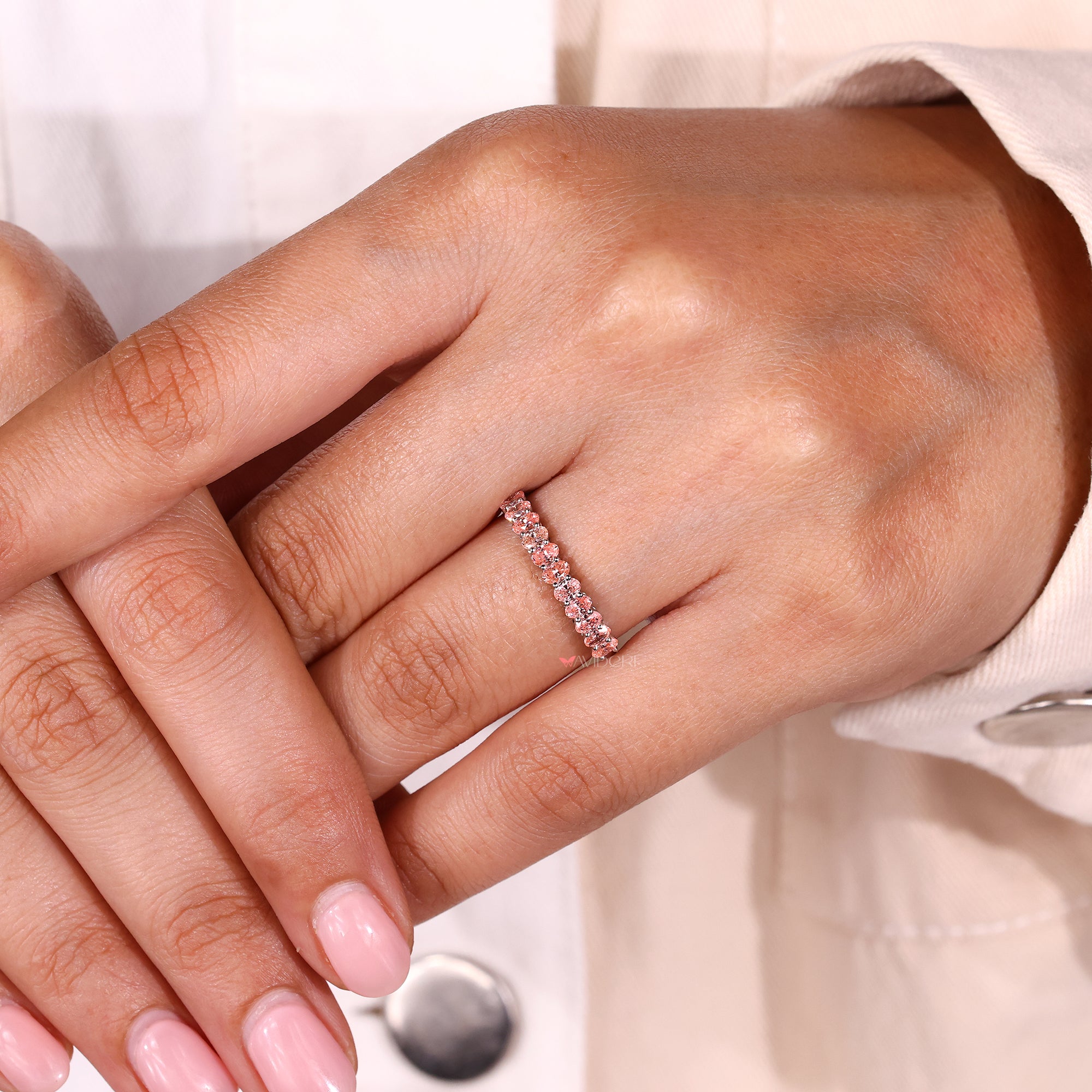 Avideri wedding band with pink oval Lab Grown Diamonds.