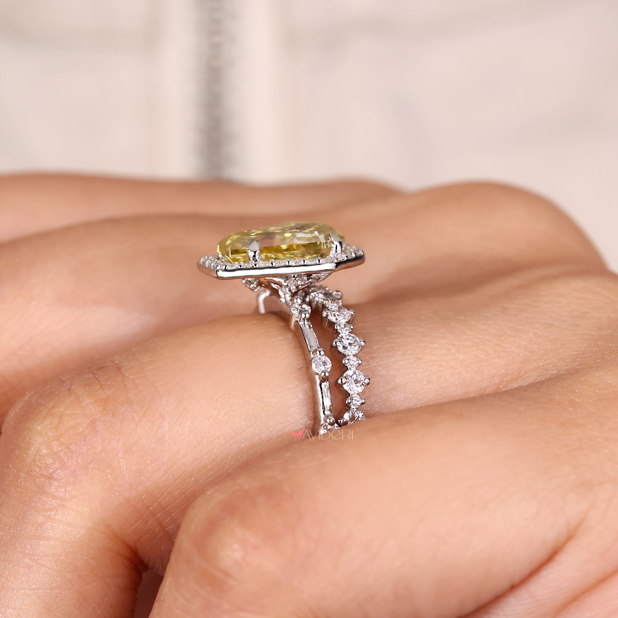 Coffin cut ring with band in custom moissanite bridal set.