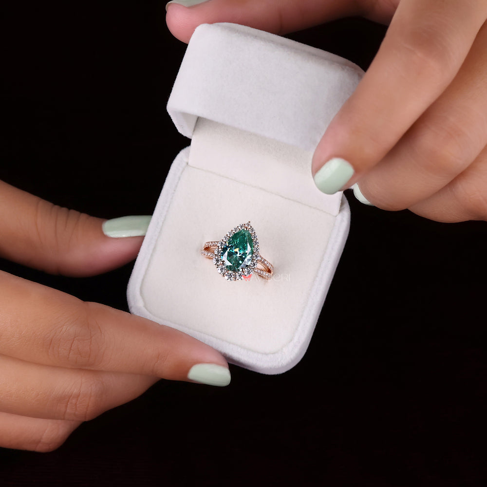 Pear cut moissanite ring, round brilliant cut ring, halo engagement ring
