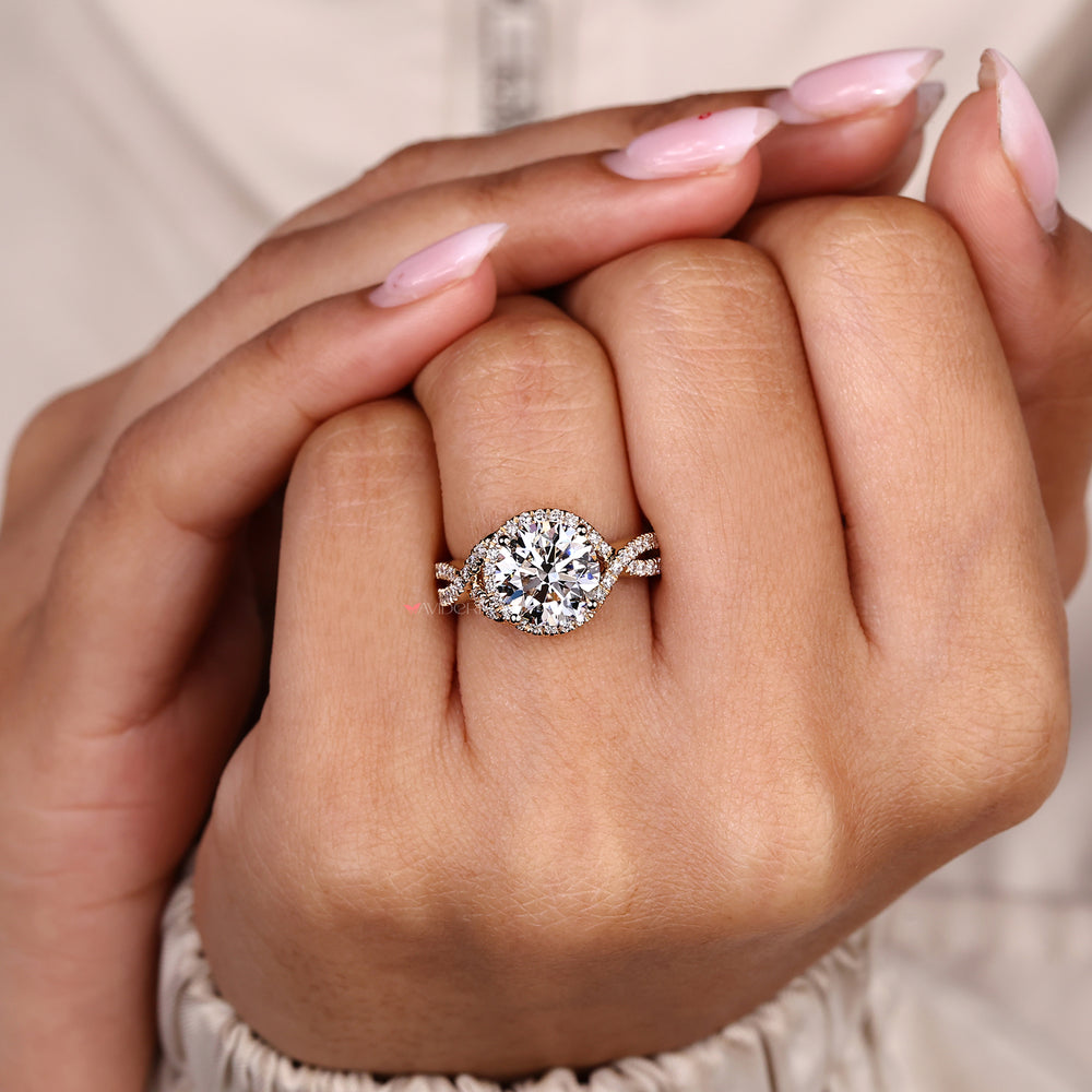 Lab grown round diamond twisted shank engagement ring.