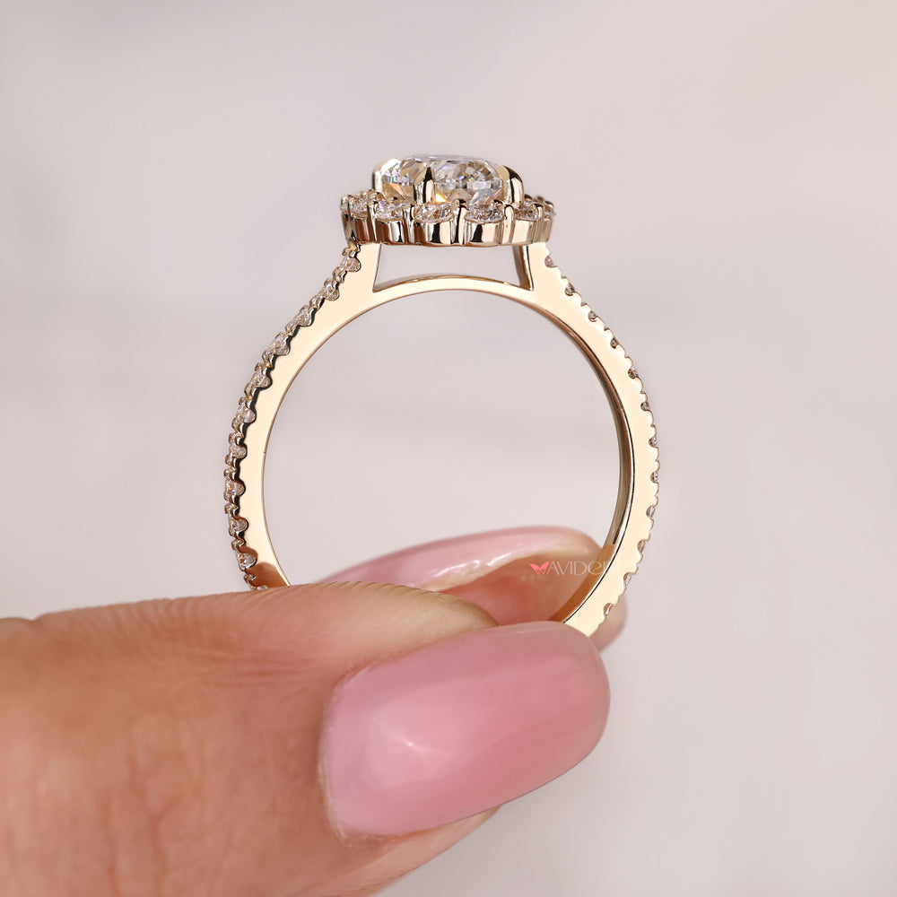 Oval lab diamond ring with halo and pave setting
