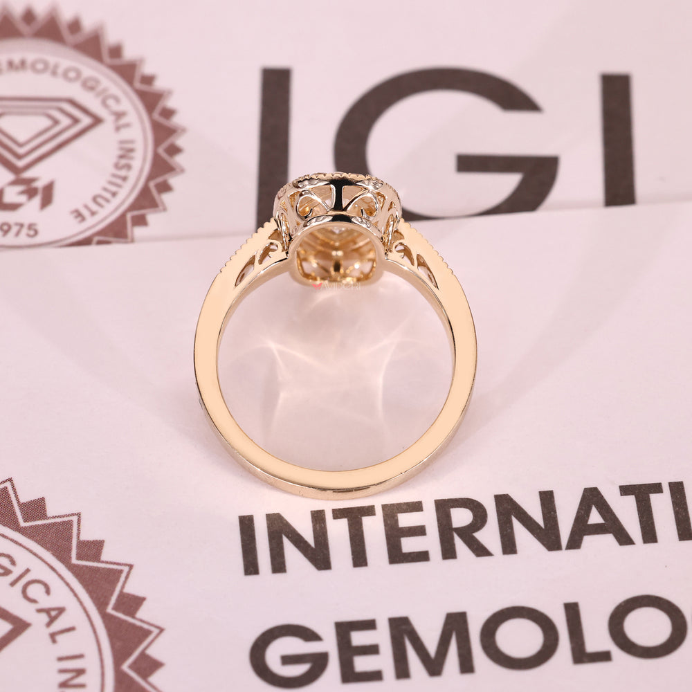 Handmade marquise diamond ring with halo design.
