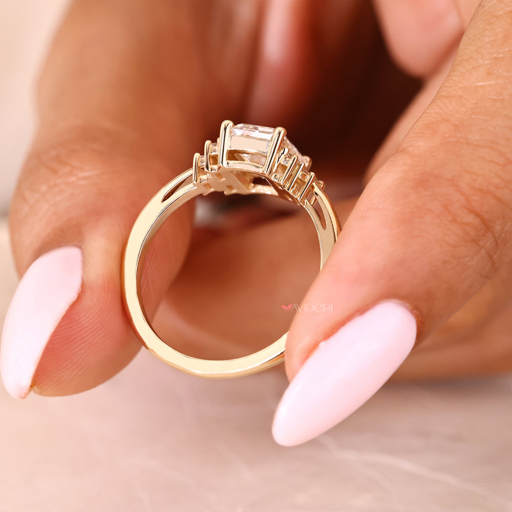 Emerald cut lab diamond ring with muse style setting
