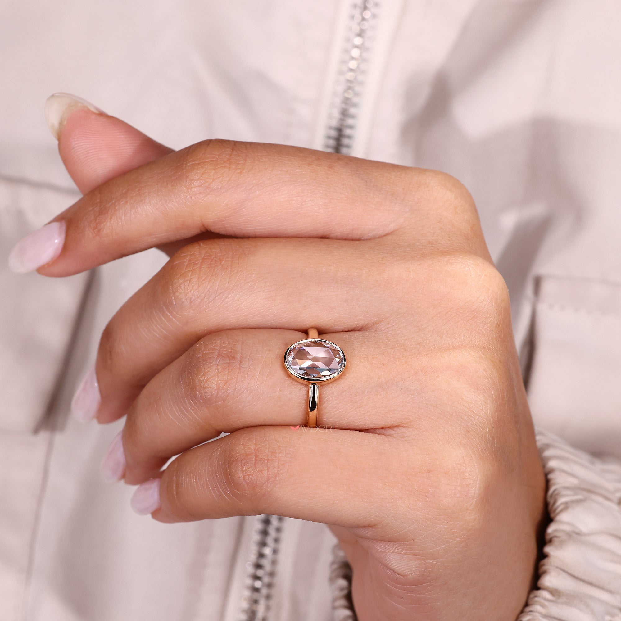 Handmade oval rose cut diamond solitaire ring.
