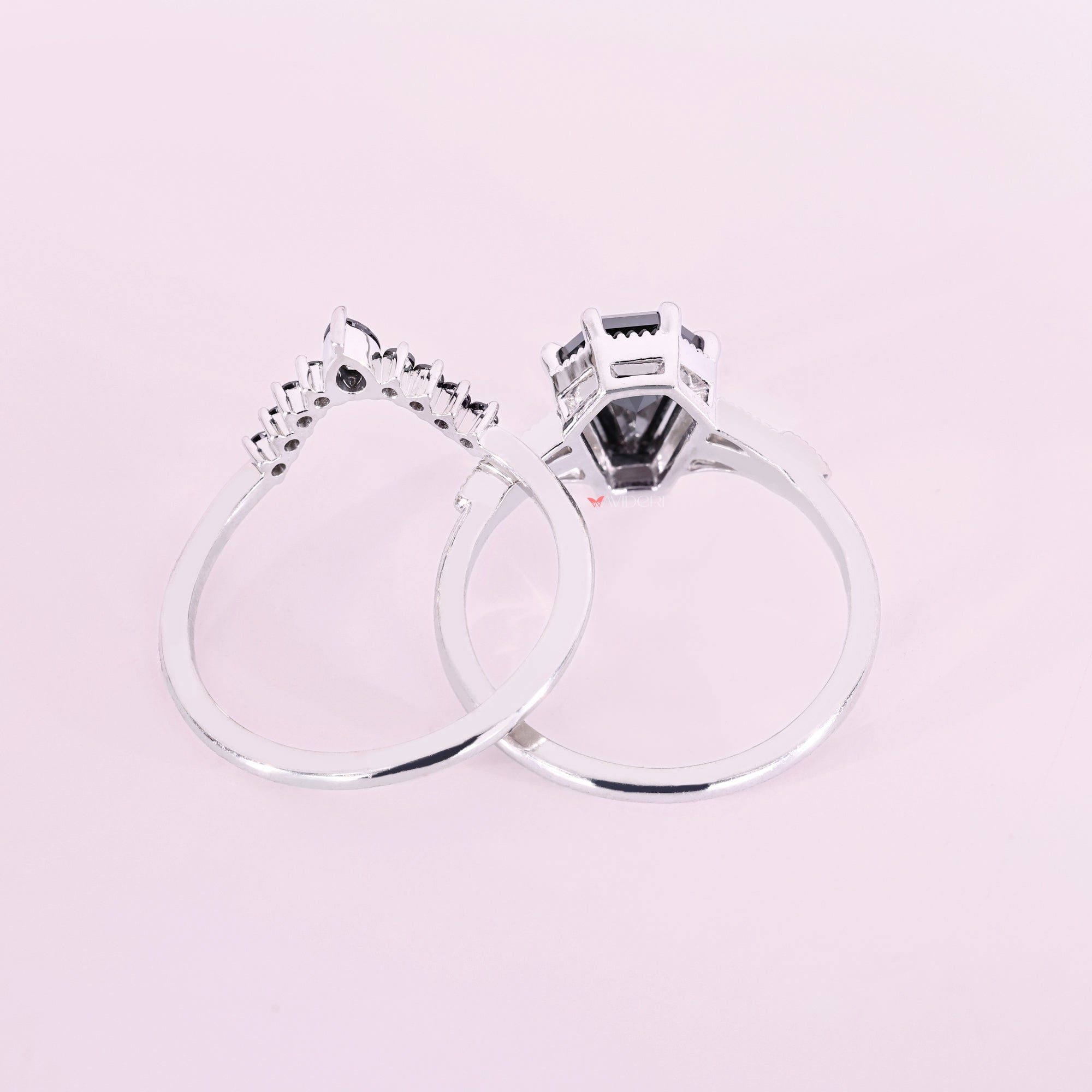 White gold bridal set with coffin cut engagement ring.