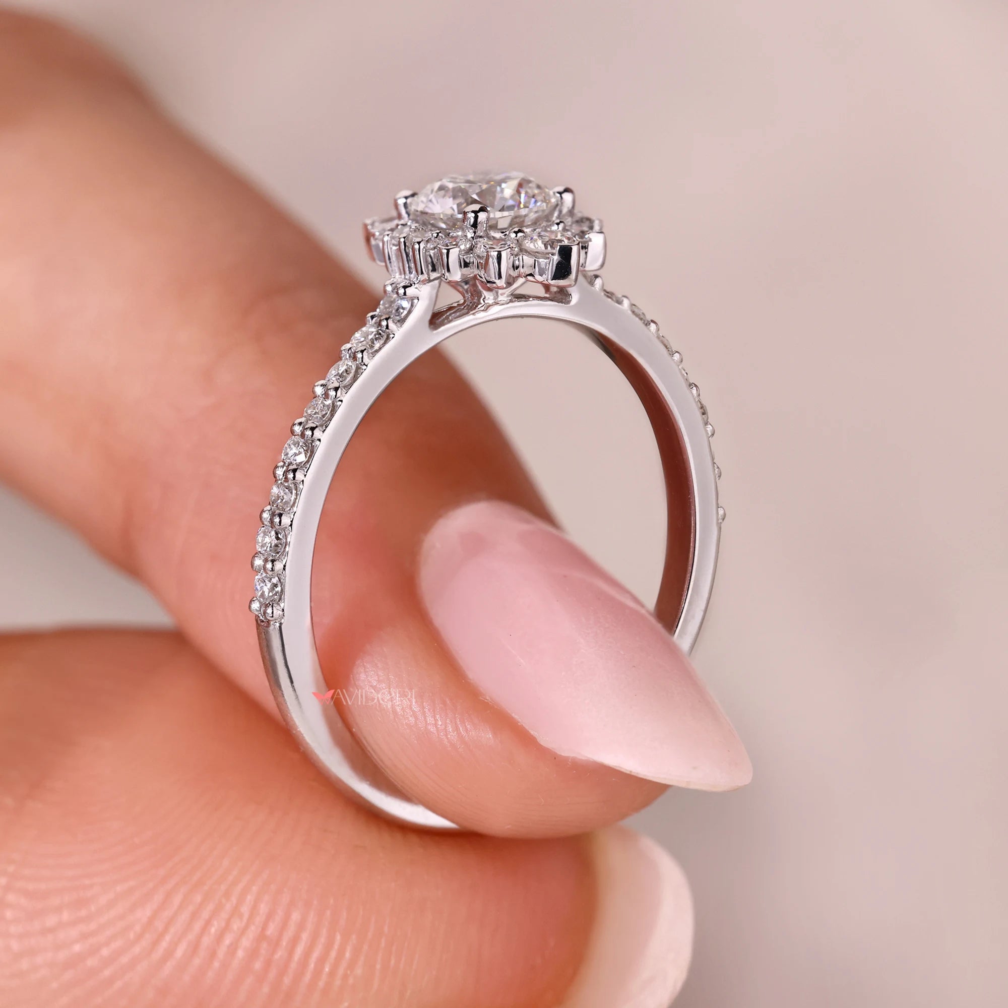 Cathedral engagement ring with white gold diamond ring.