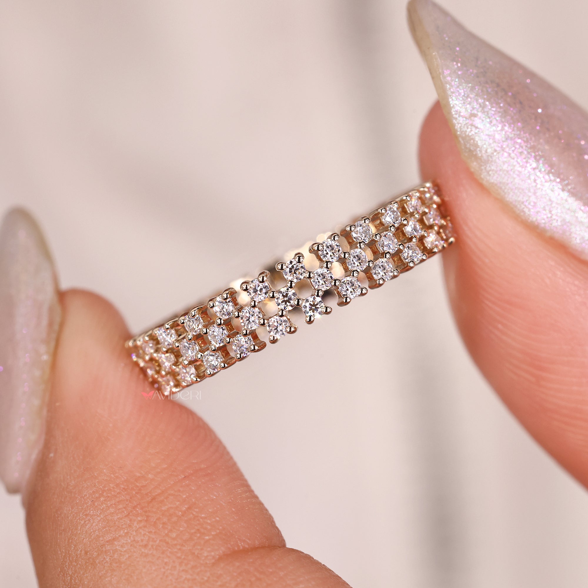 Custom pave wedding band in yellow gold.
