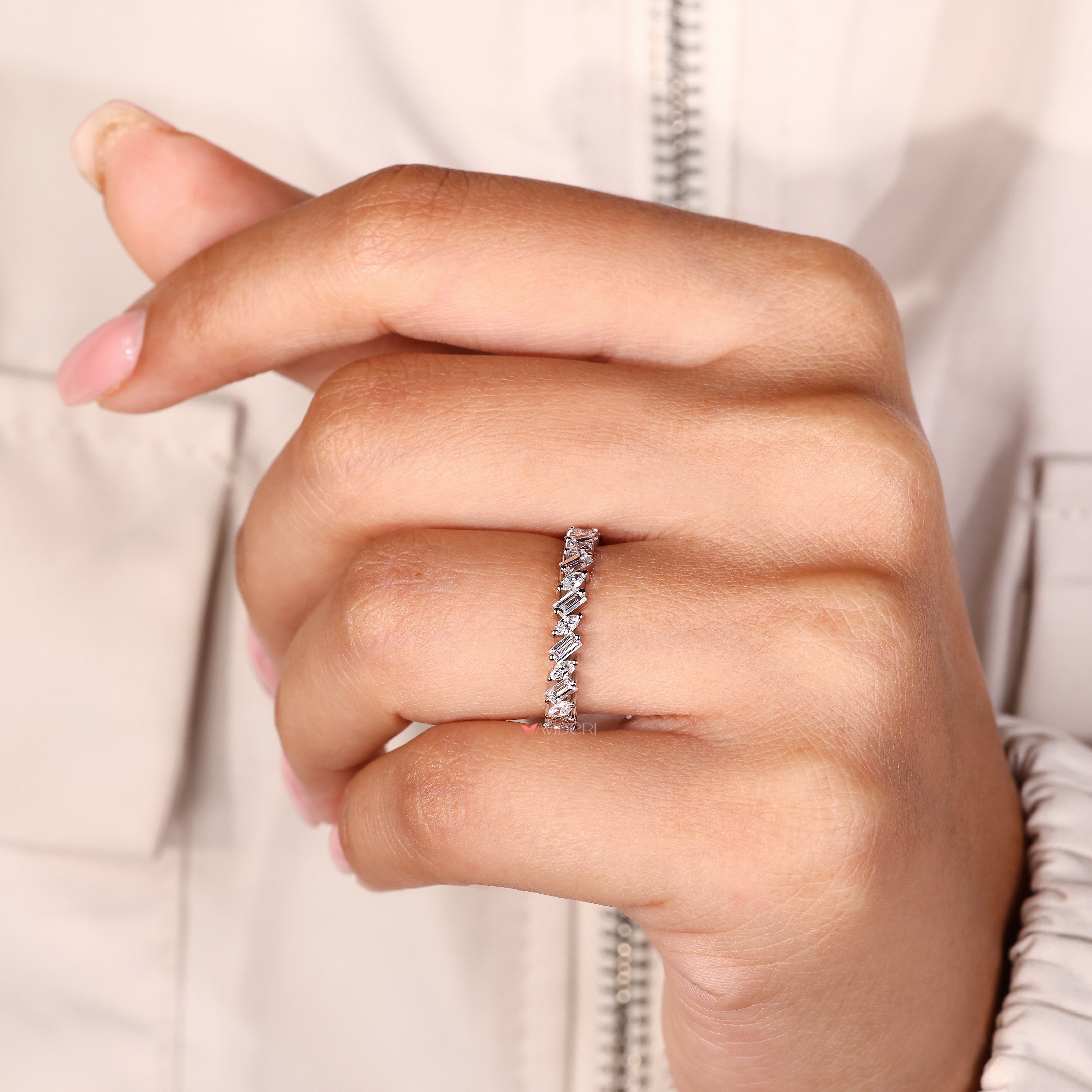Lab grown diamond wedding band with alternating diamond shapes

