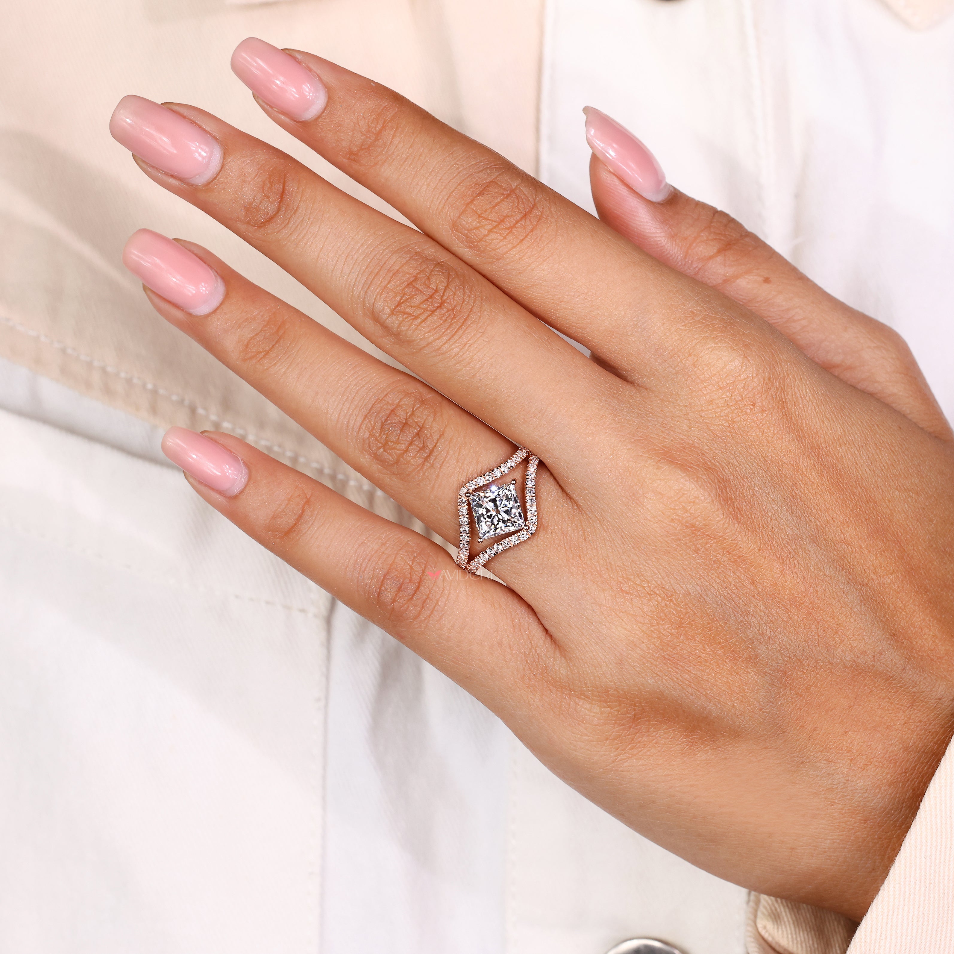 Handmade princess diamond ring with basket and compass prongs
