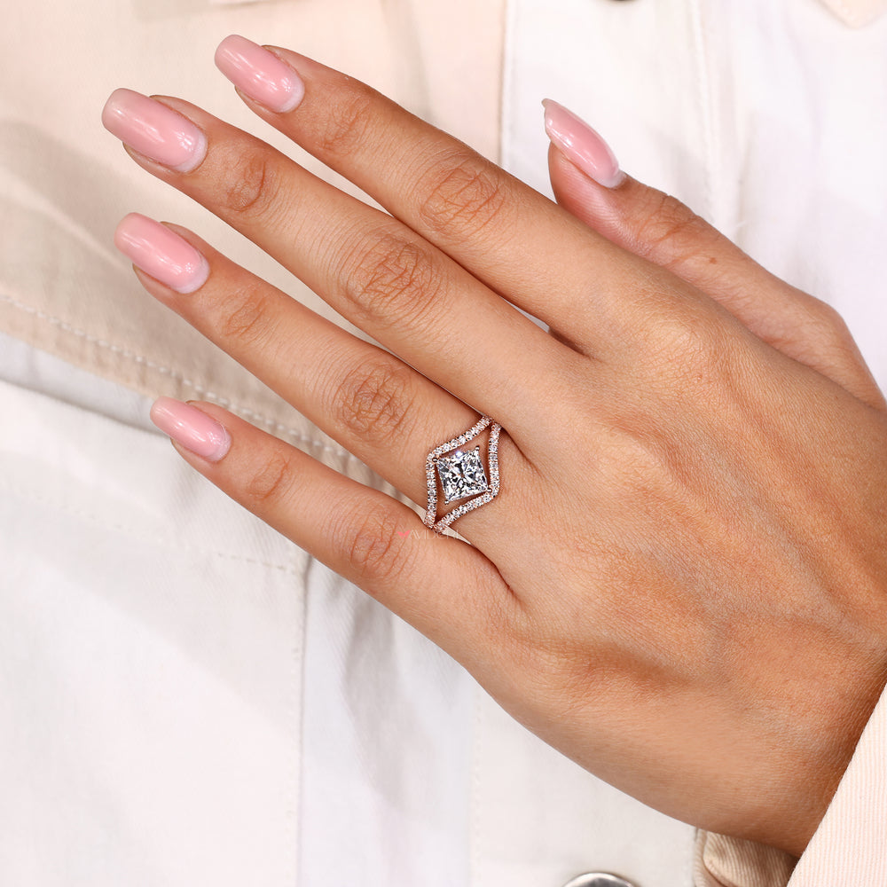 Handmade princess diamond ring with basket and compass prongs
