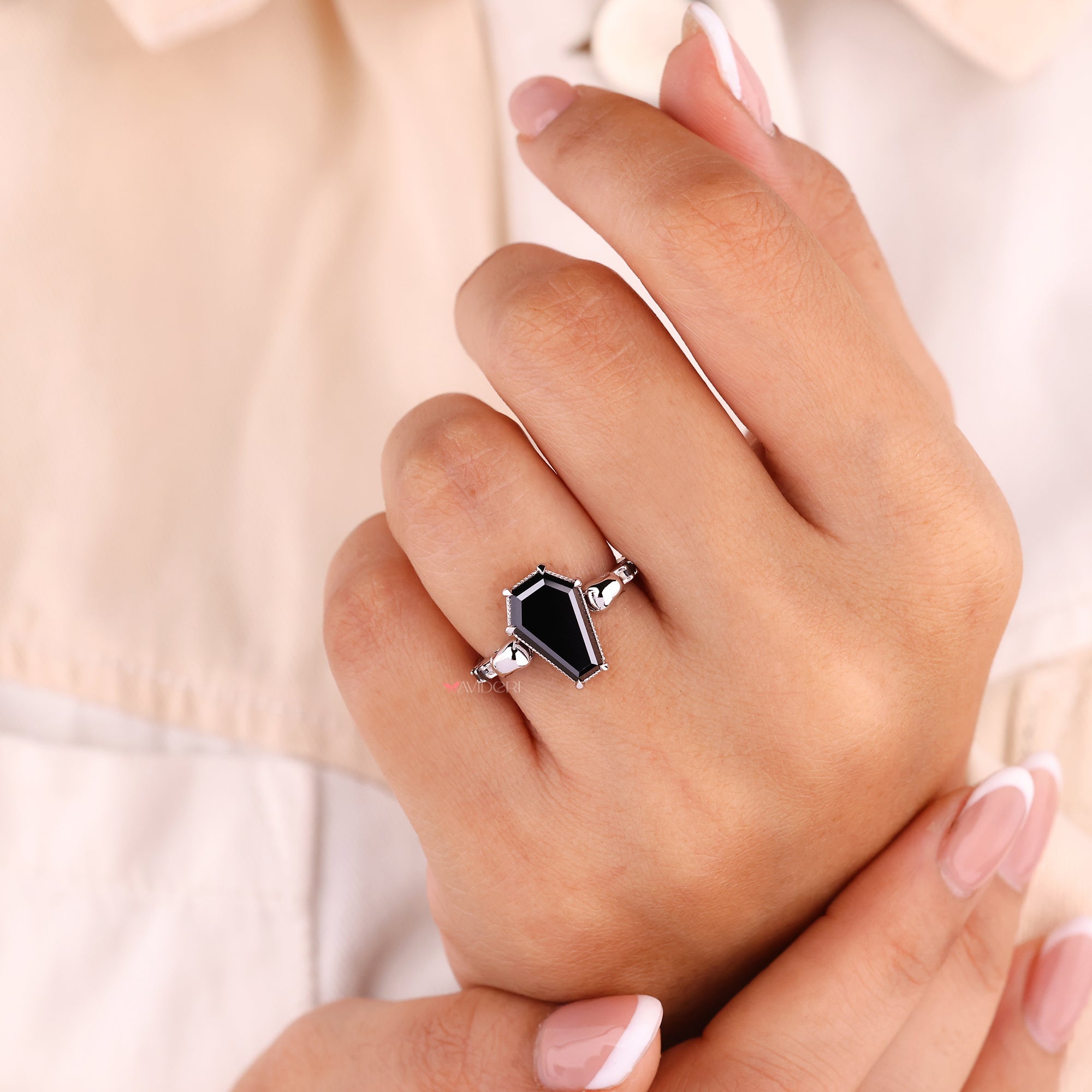 Coffin Cut Black Moissanite Ring With Two Small Skulls Style
