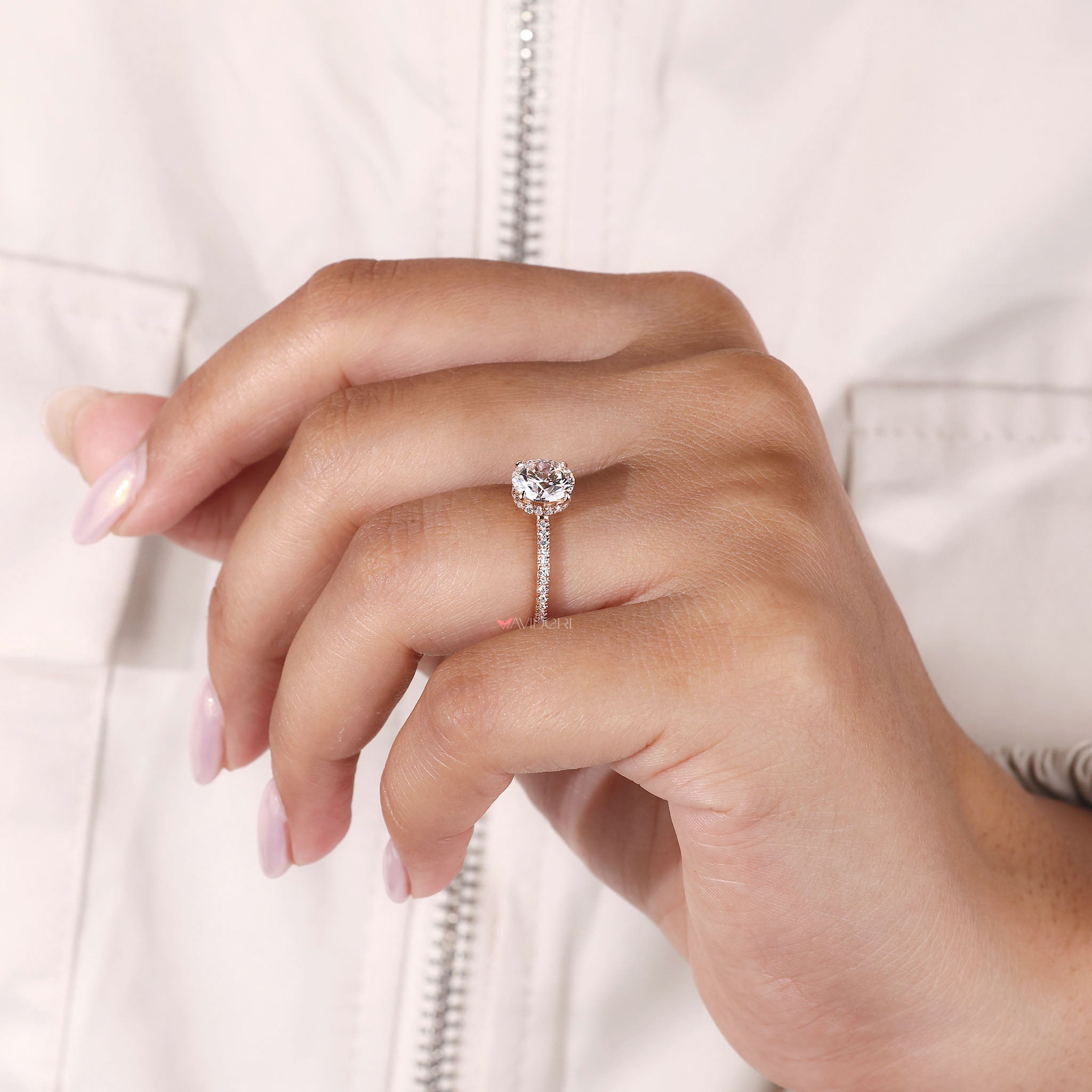 Open Gallery ring made with round diamond ring and pave setting band combination.
