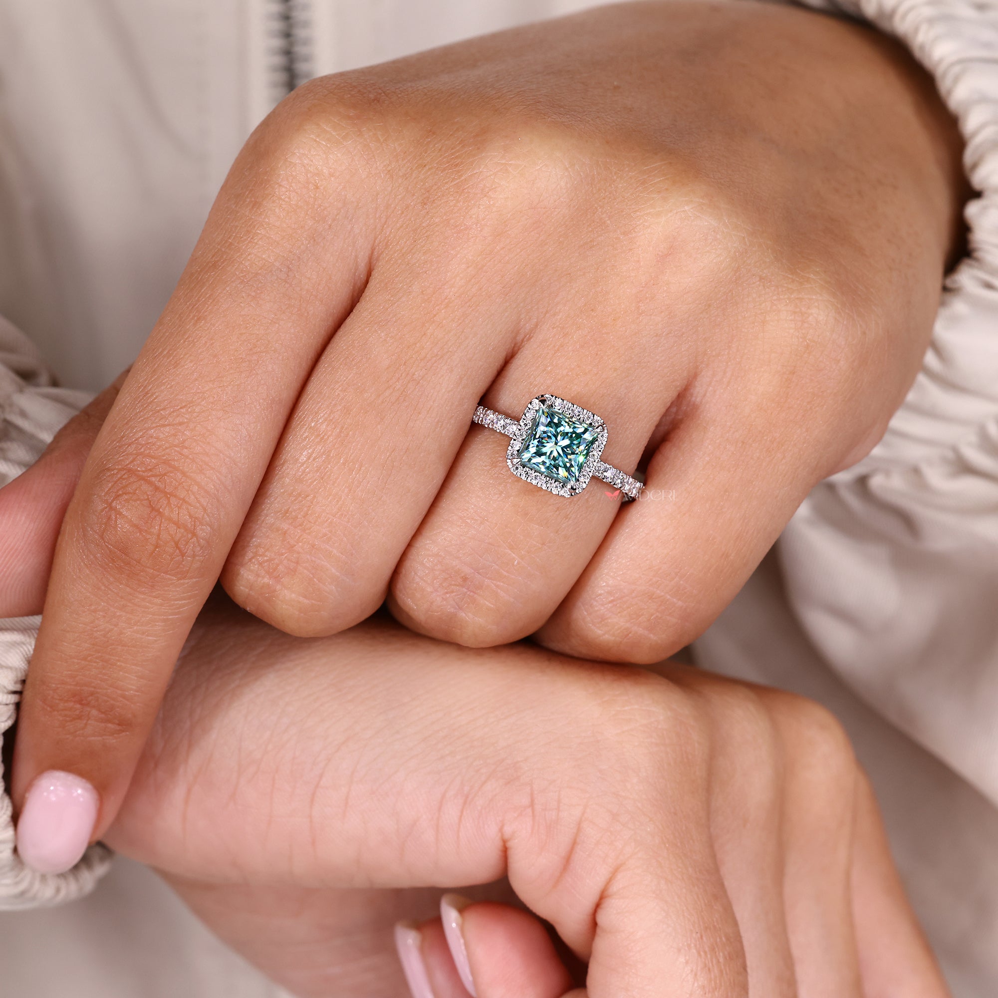 Moissanite wedding ring, round pave ring, princess engagement ring