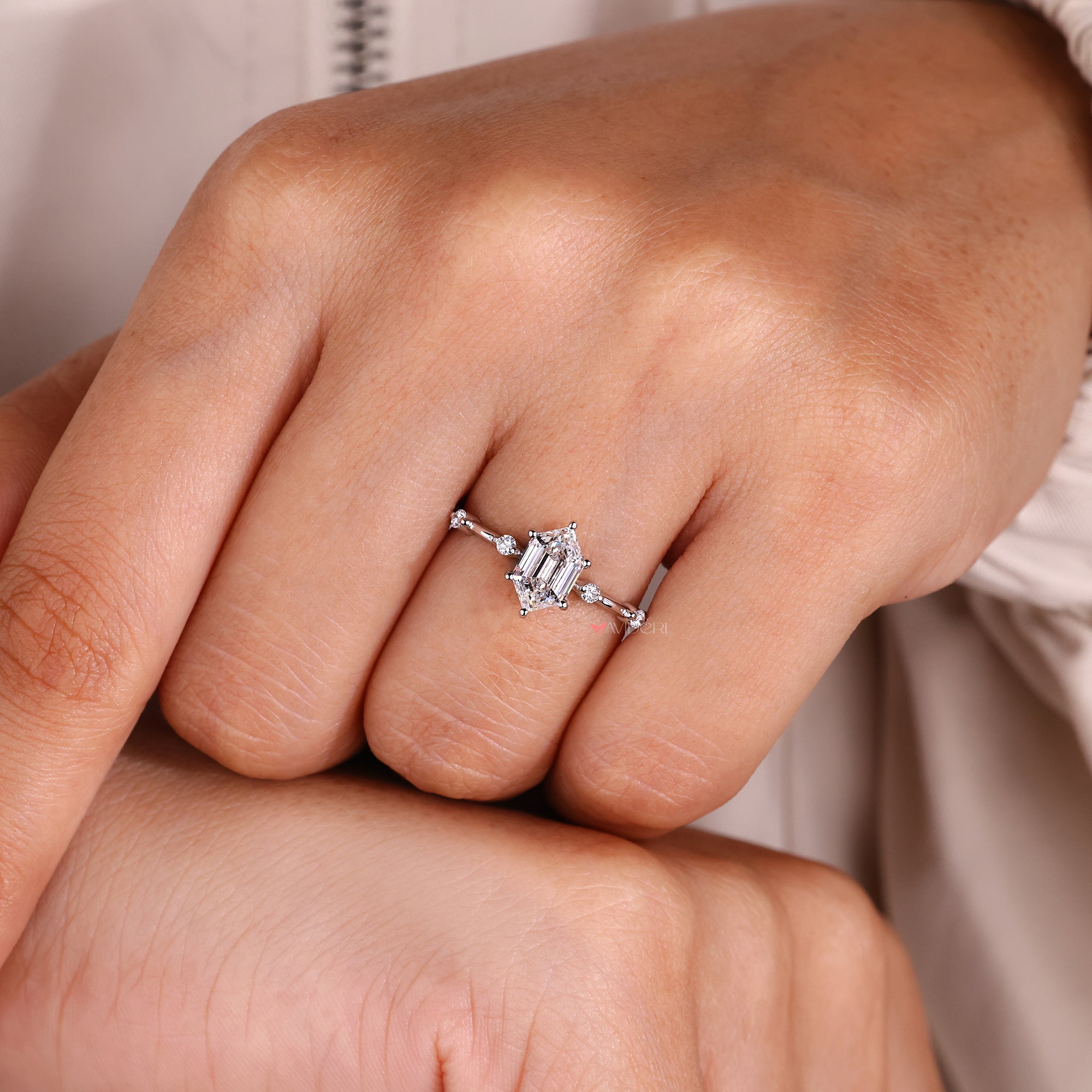 Avideri engagement ring with hexagon step cut diamond ring.