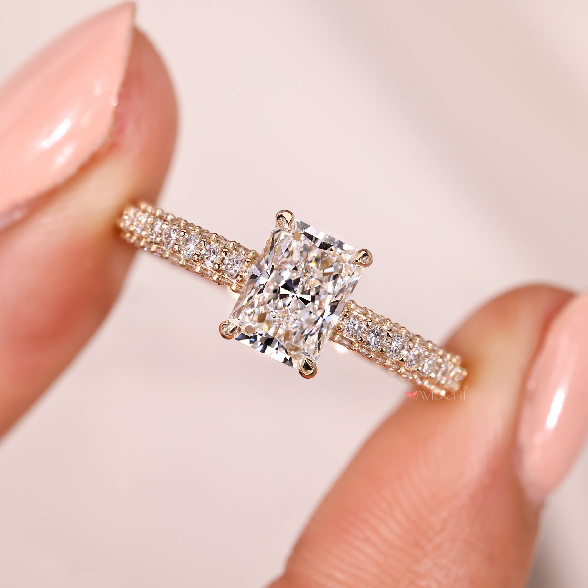 Radiant diamond engagement ring in custom engagement ring.