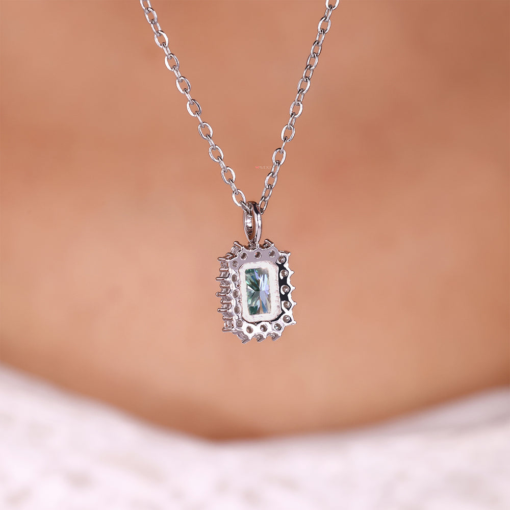 Radiant cut moissanite halo necklace pendant.
