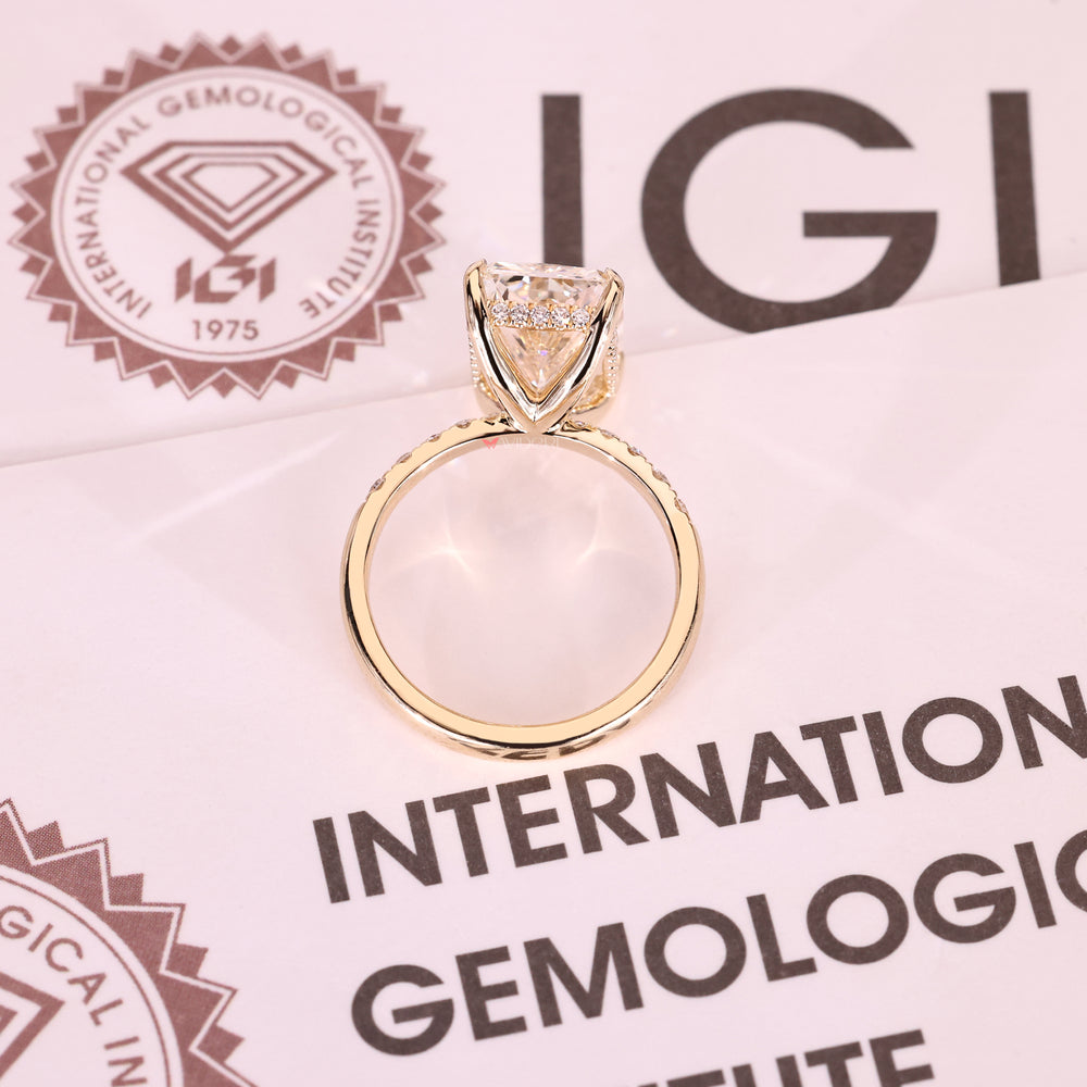 Hidden halo ring with four claw prong setting.
