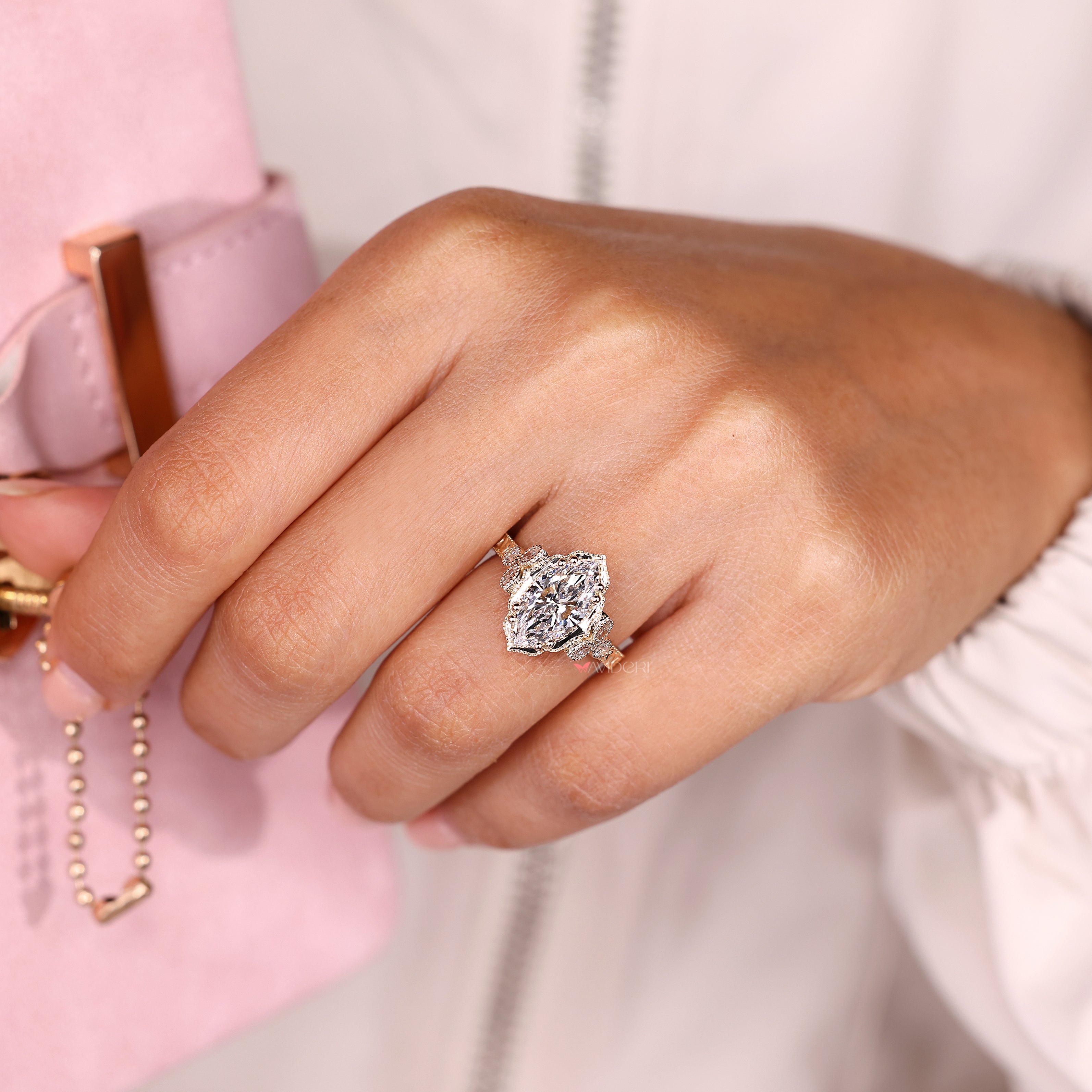 Lab grown marquise diamond ring with milgrain edge design
