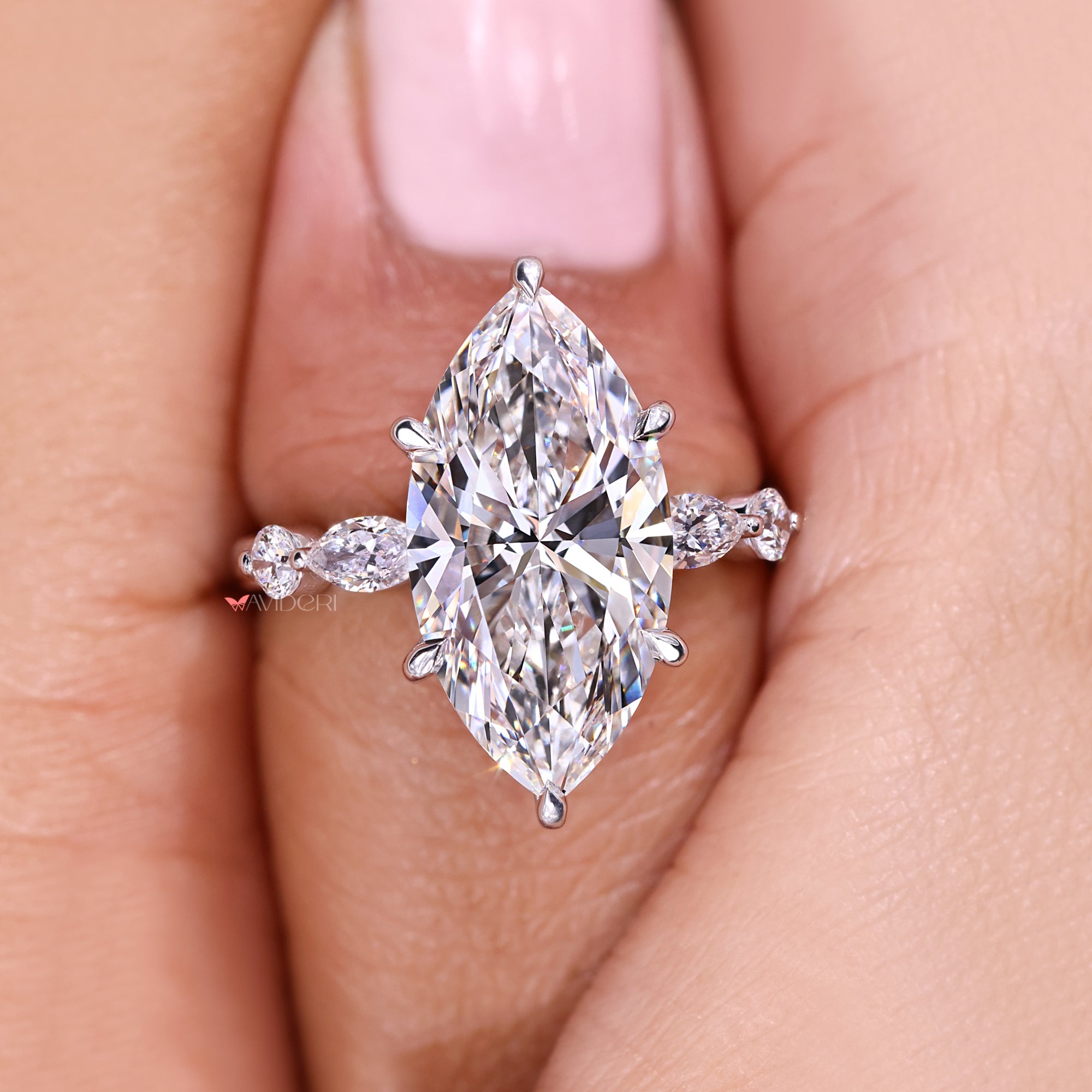 IGI certified marquise cut diamond engagement ring.